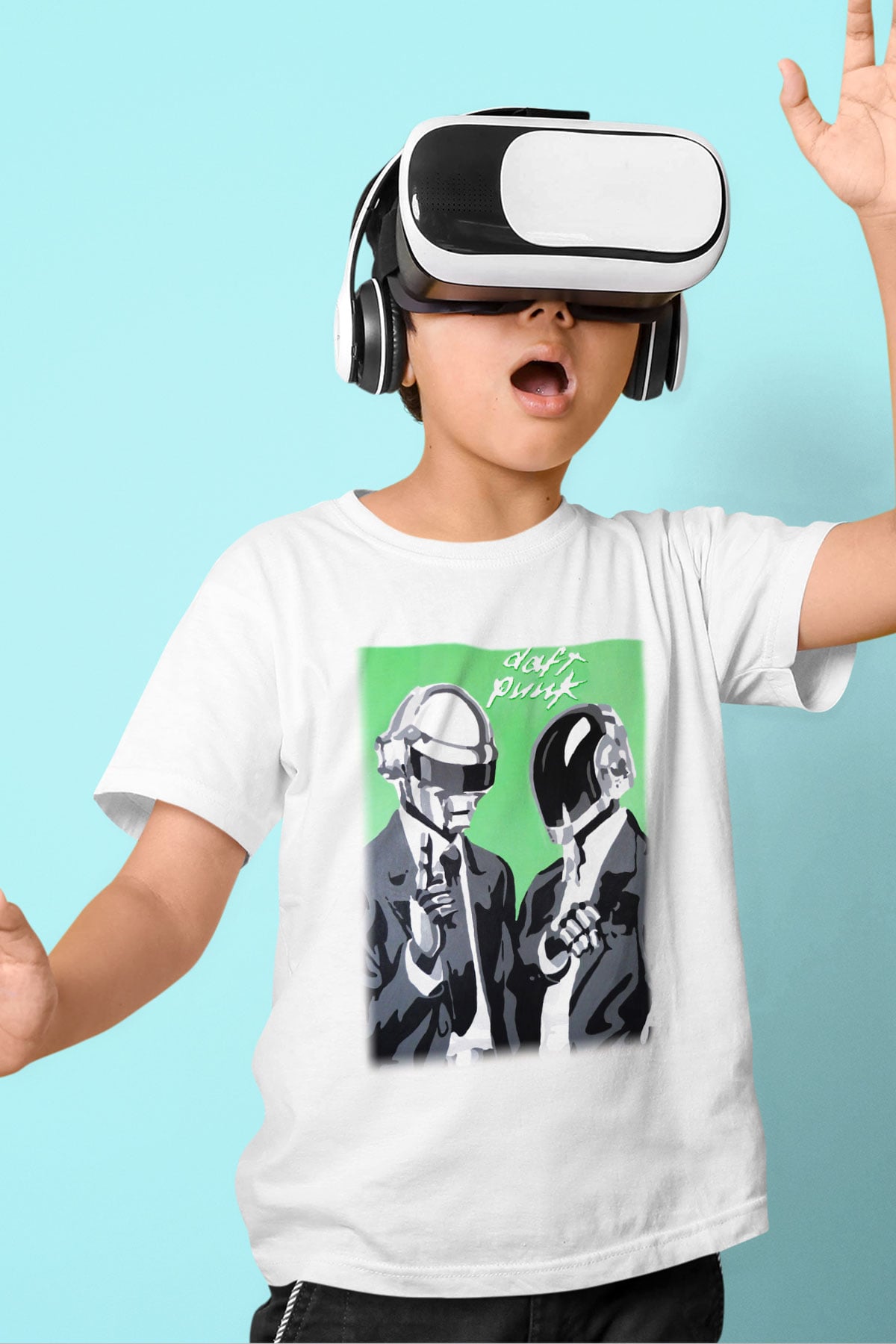 Daft Punk Baskılı Beyaz Unisex Çocuk Tişört