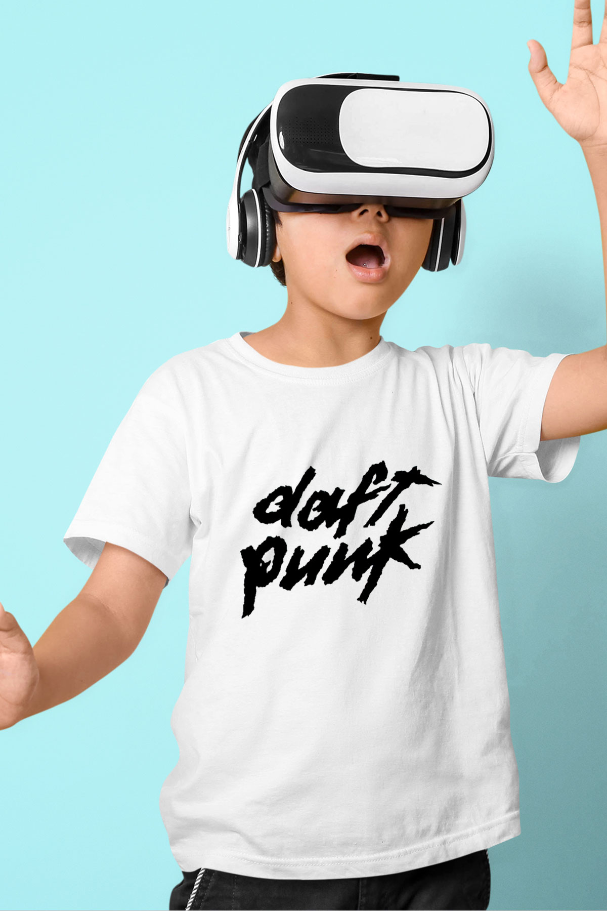 Daft Punk Baskılı Beyaz Unisex Çocuk Tişört
