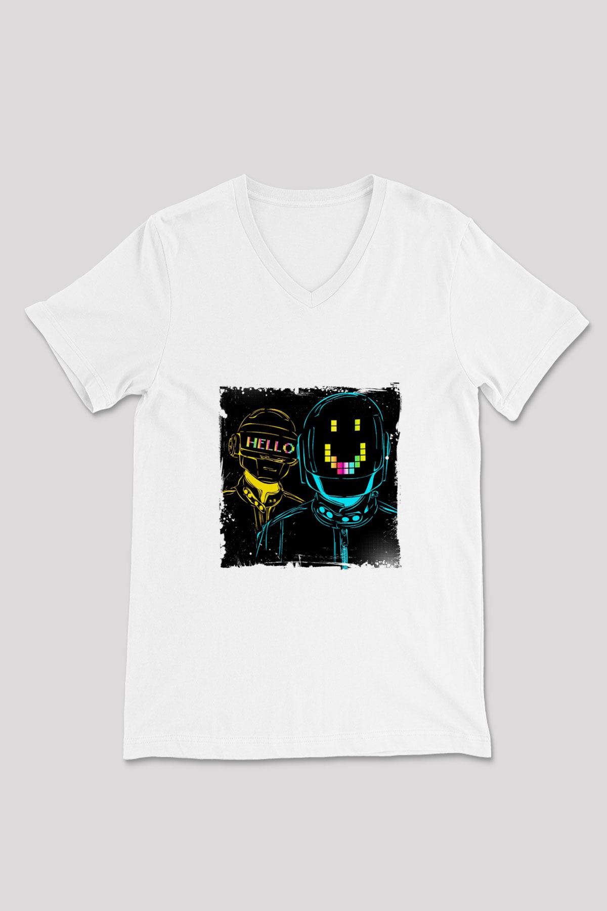 Daft Punk Baskılı Beyaz V Yaka Unisex Tişört