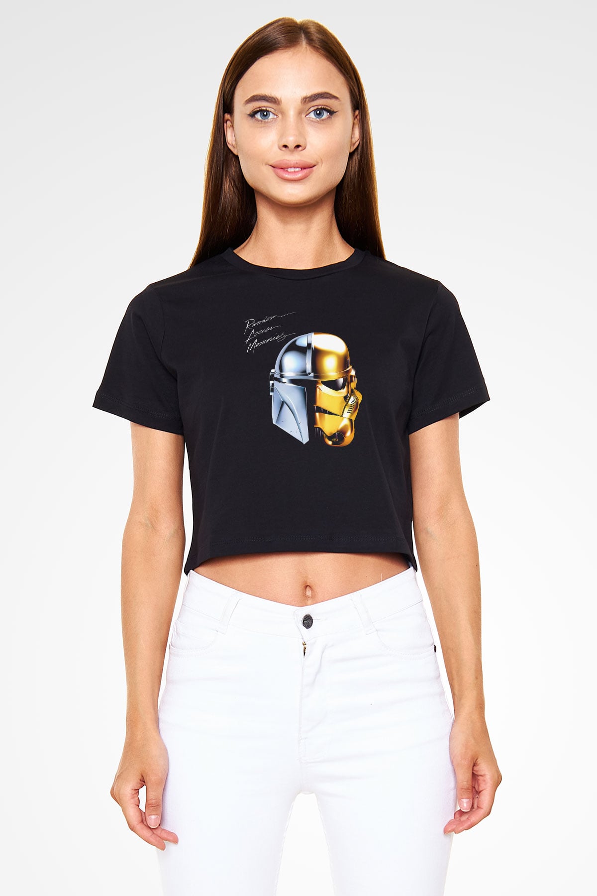 Daft Punk Baskılı Crop Top Siyah Kadın Tişört