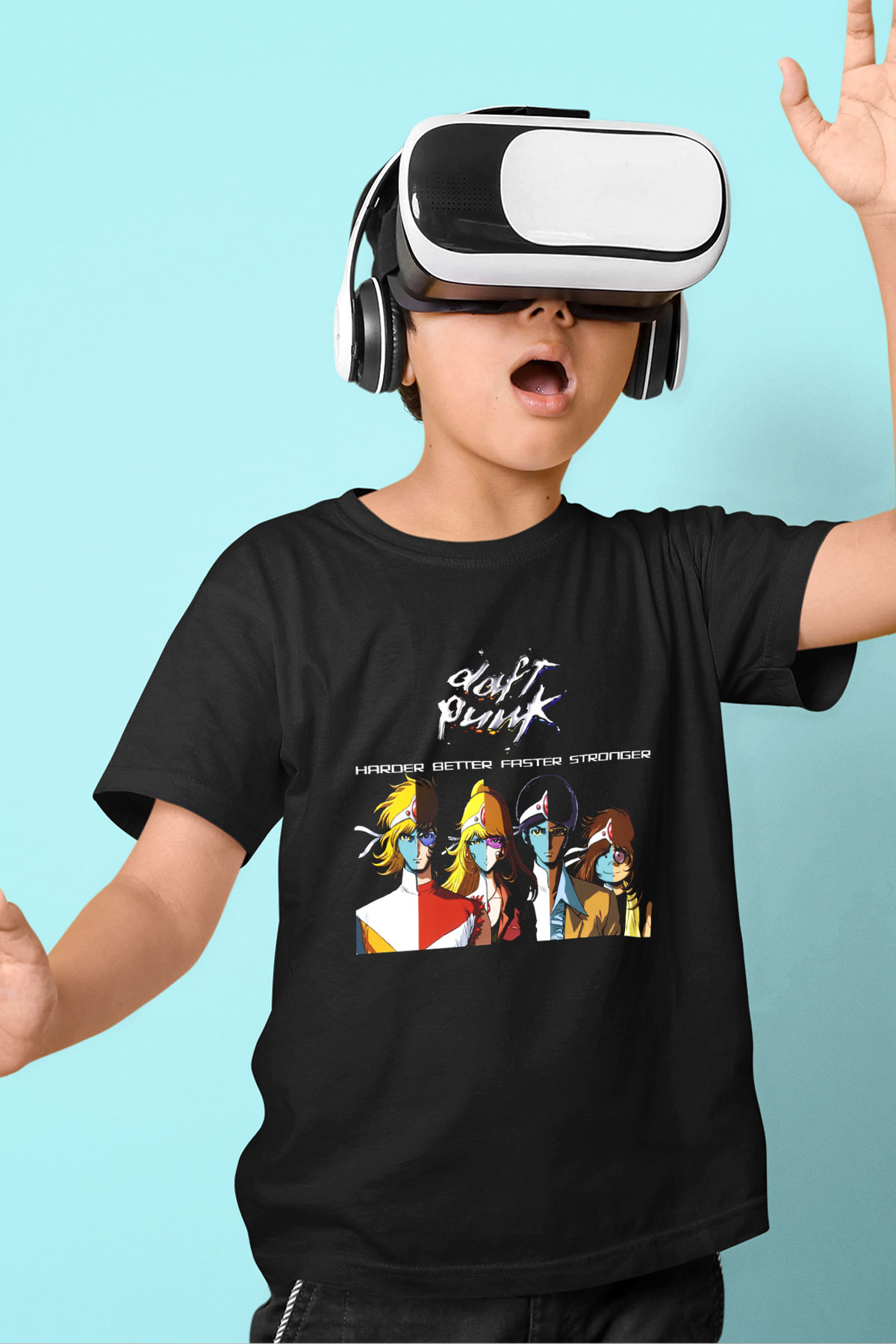 Daft Punk Baskılı Siyah Unisex Çocuk Tişört
