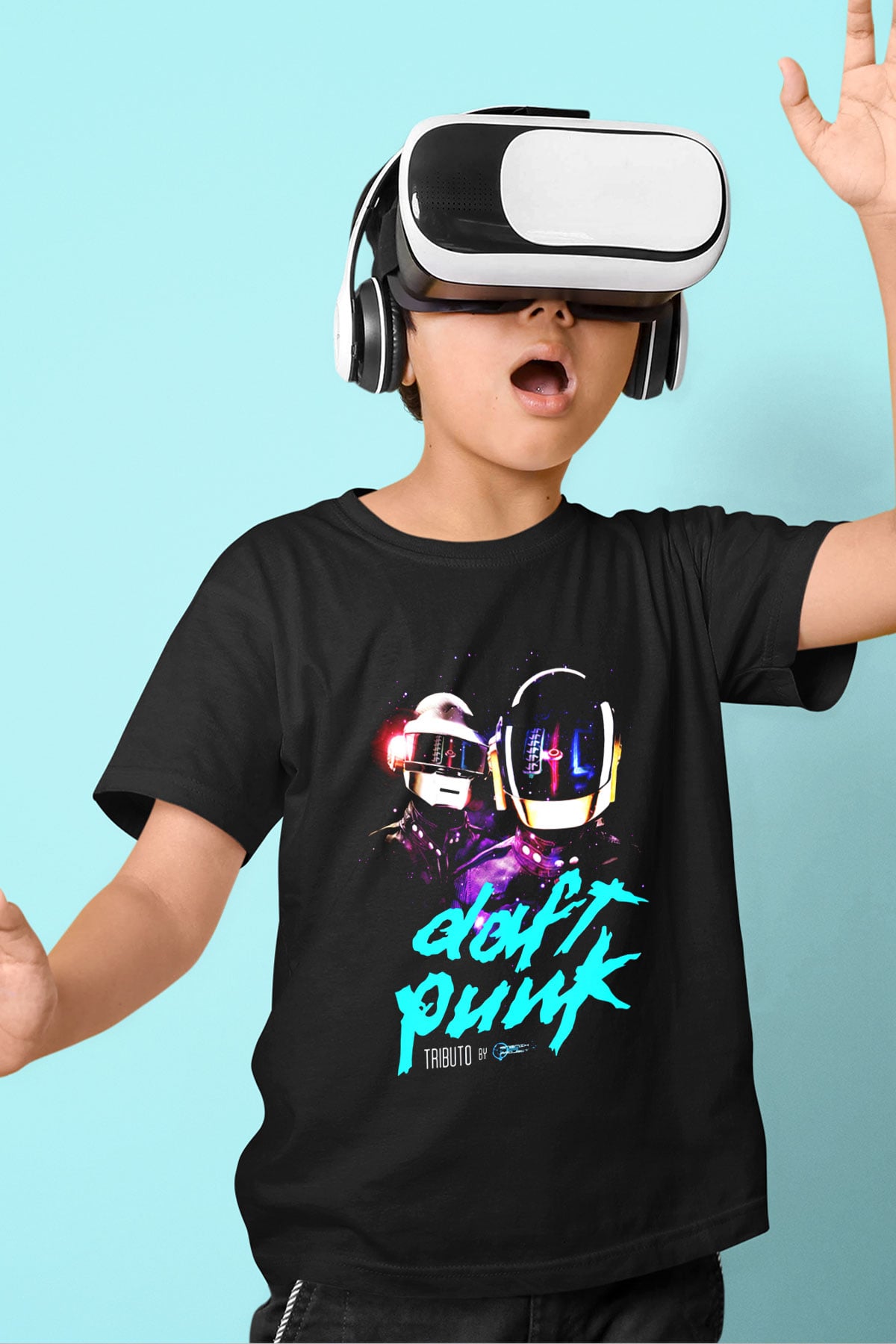 Daft Punk Baskılı Siyah Unisex Çocuk Tişört