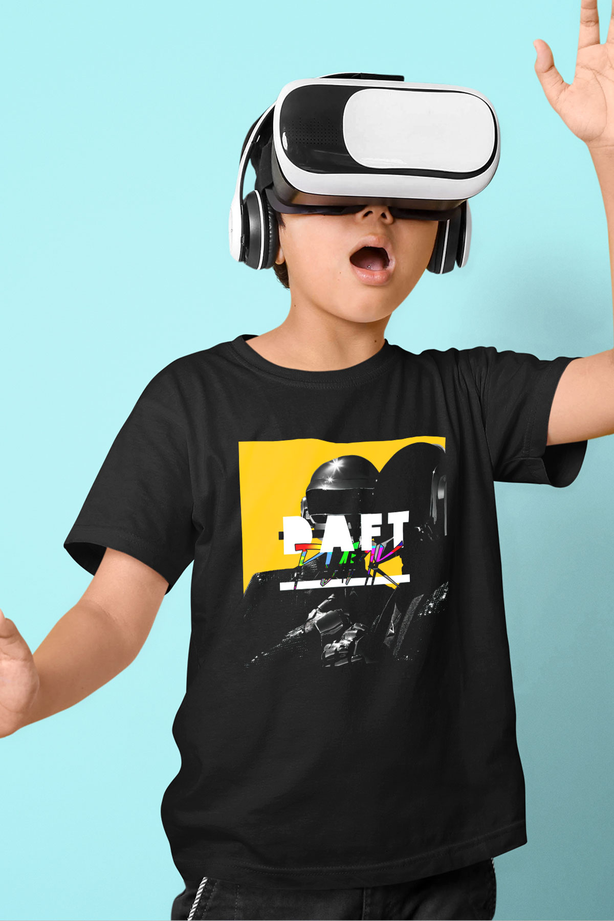 Daft Punk Baskılı Siyah Unisex Çocuk Tişört