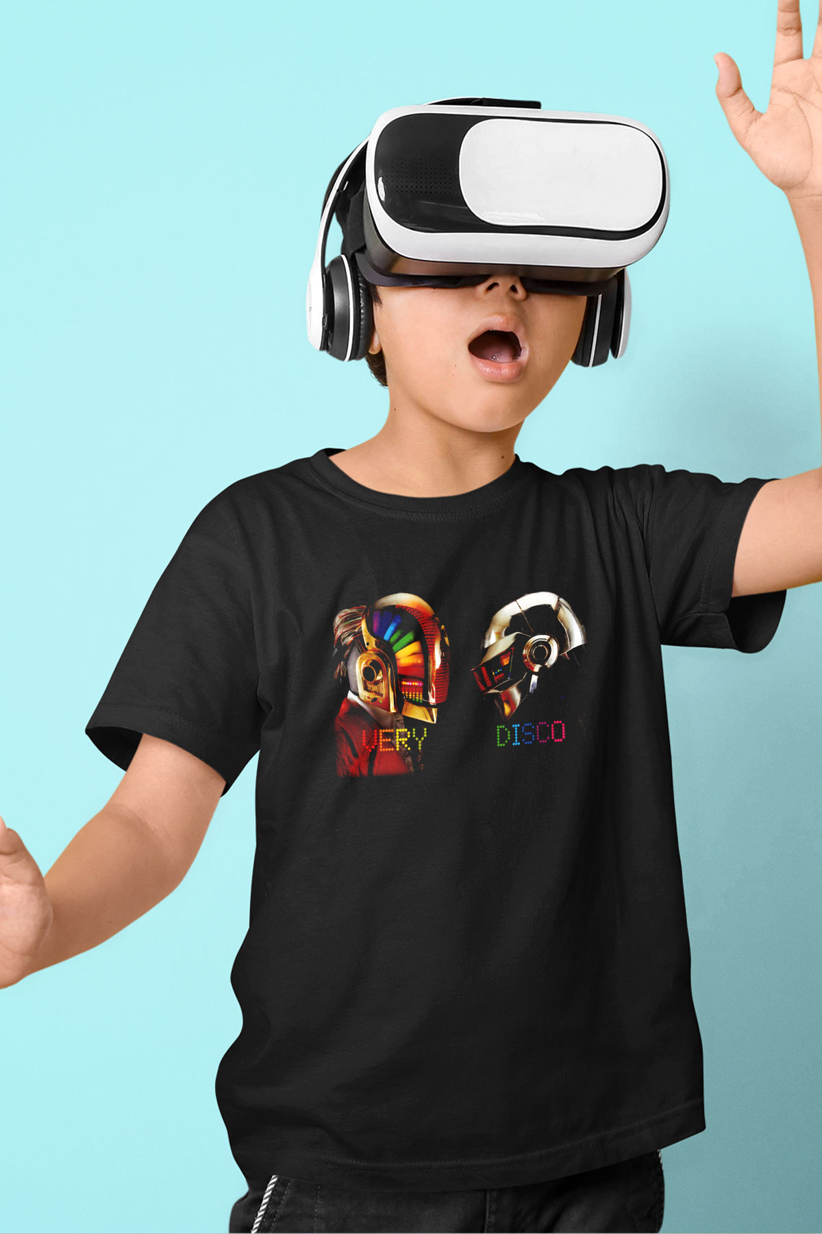 Daft Punk Baskılı Siyah Unisex Çocuk Tişört