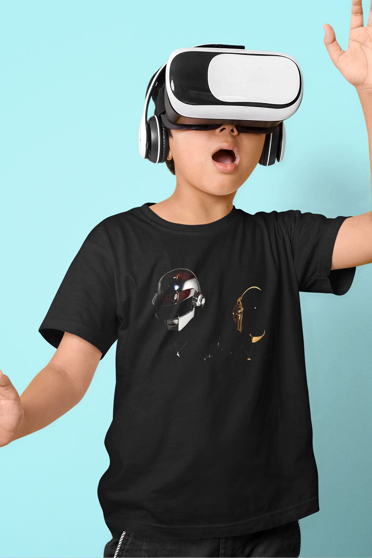 Daft Punk Baskılı Siyah Unisex Çocuk Tişört