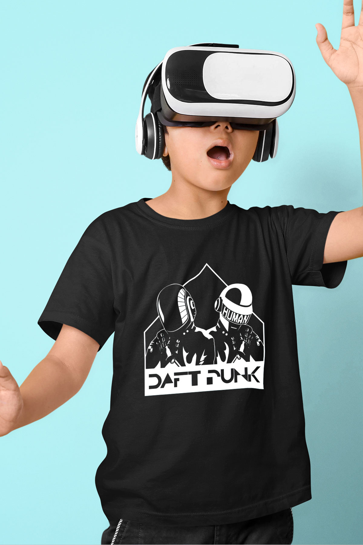 Daft Punk Baskılı Siyah Unisex Çocuk Tişört