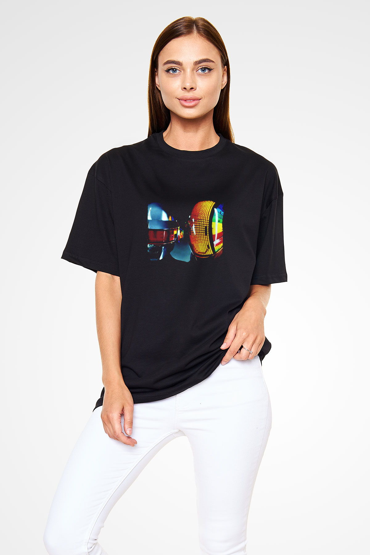 Daft Punk Baskılı Unisex Oversize Siyah Tişört