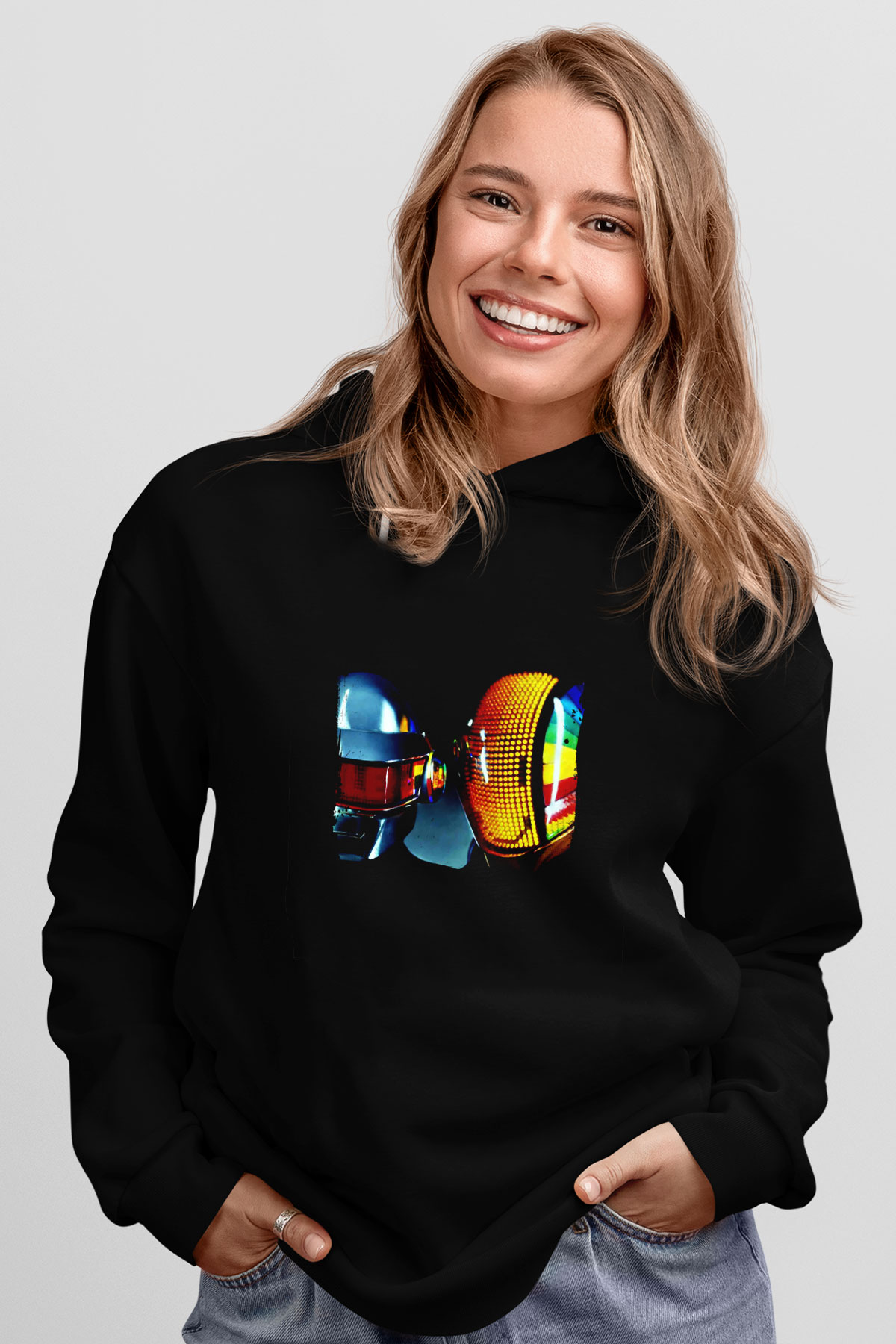 Daft Punk Baskılı Unisex Siyah Hoodie