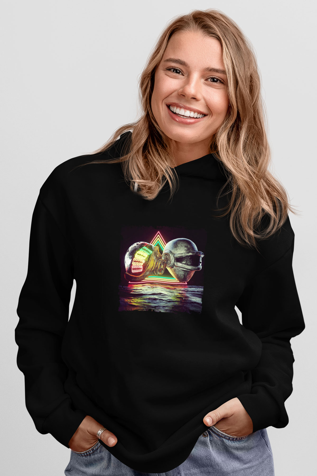 Daft Punk Baskılı Unisex Siyah Hoodie