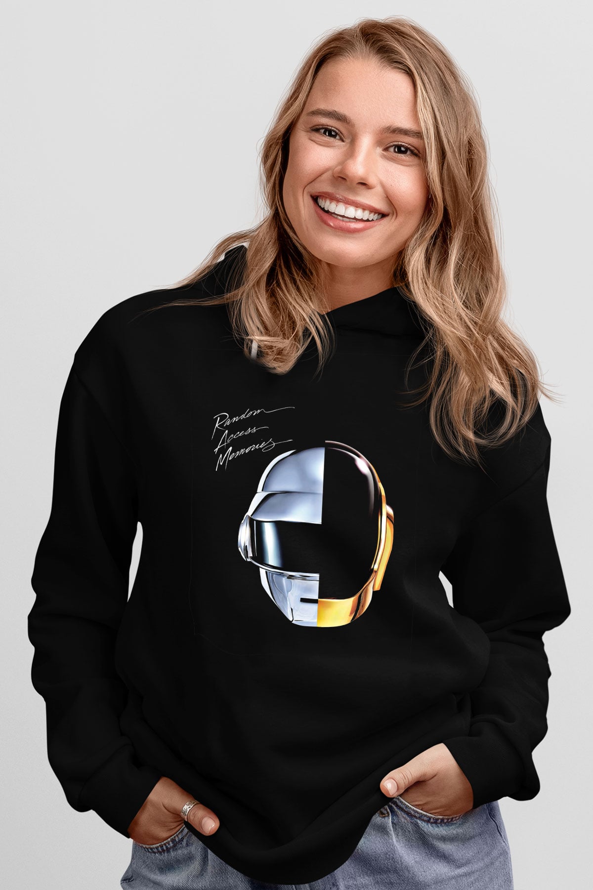 Daft Punk Baskılı Unisex Siyah Hoodie