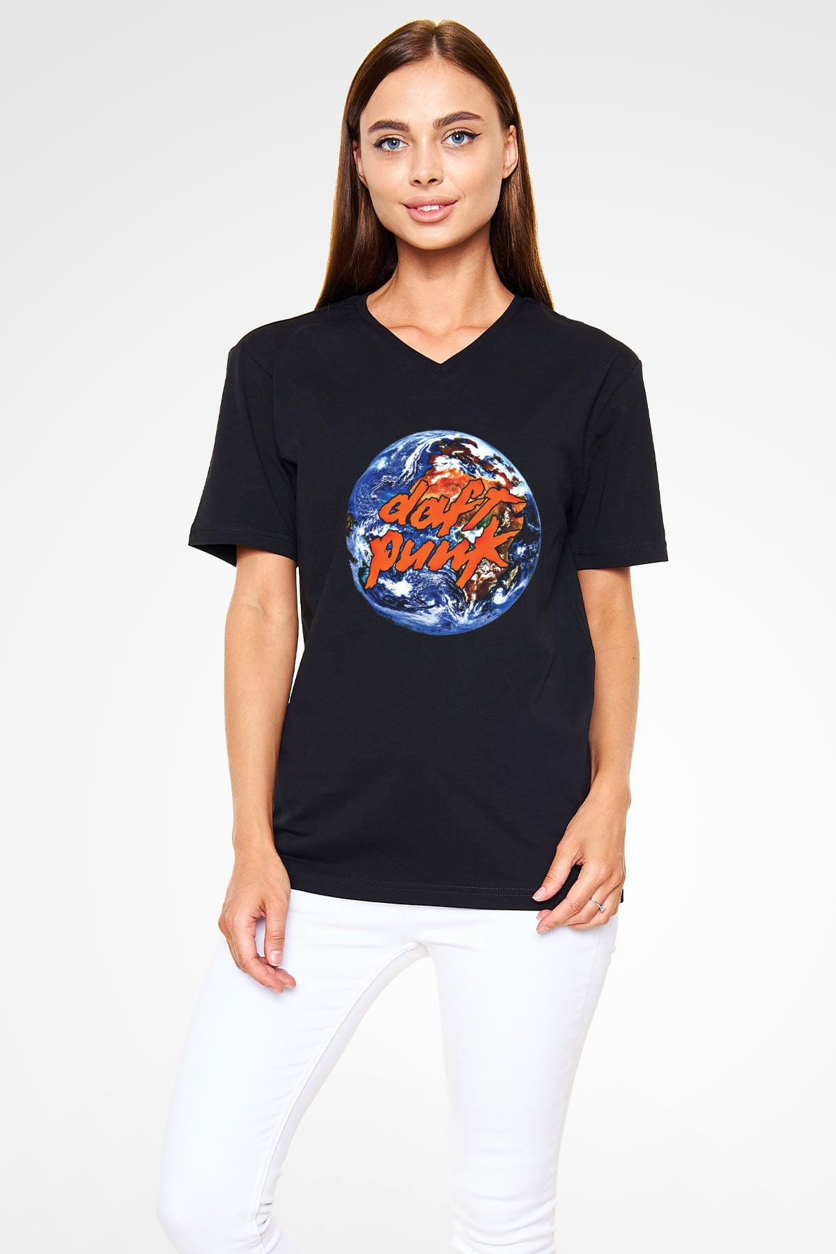 Daft Punk Baskılı Unisex Siyah V Yaka Tişört
