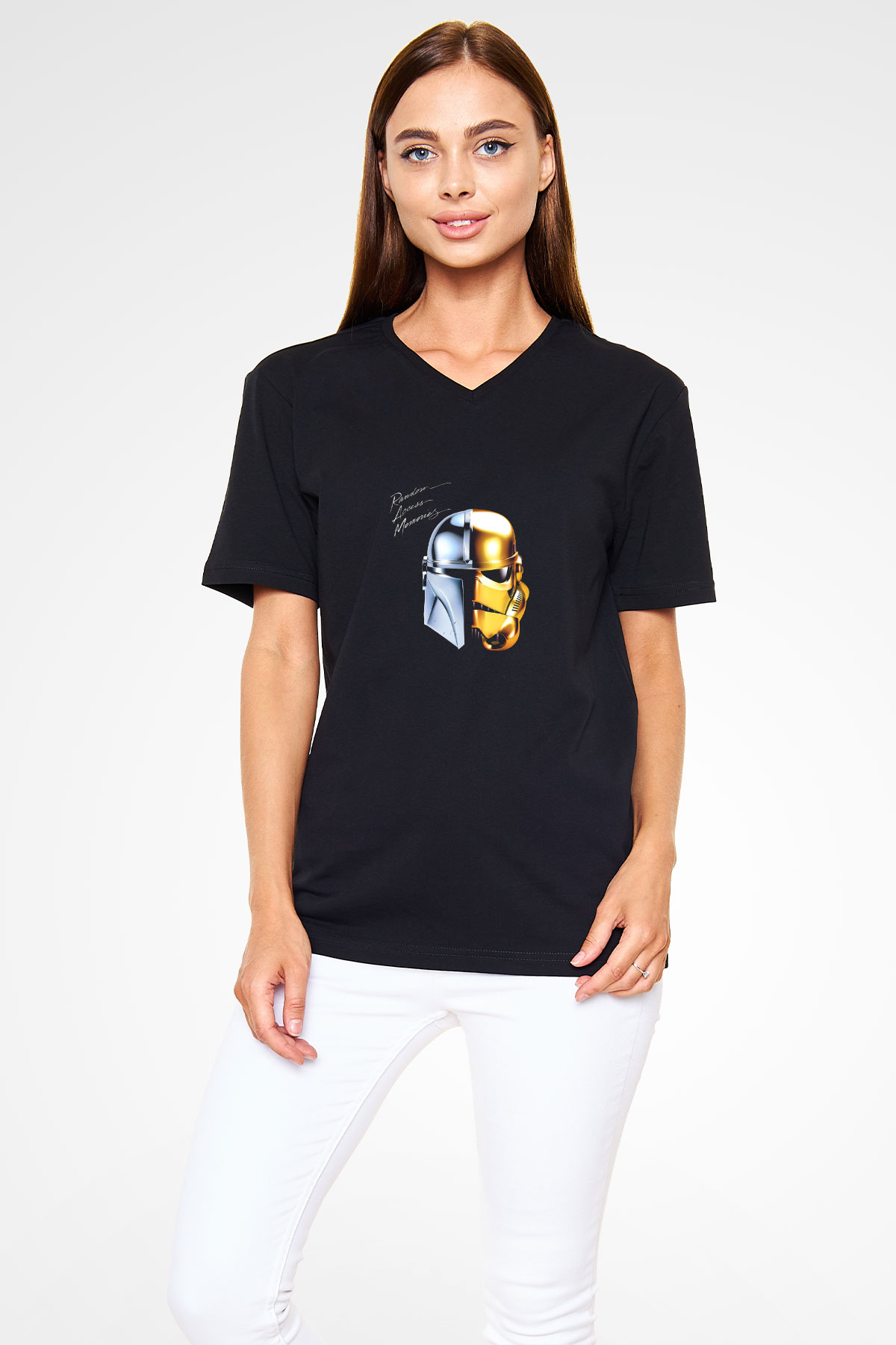 Daft Punk Baskılı Unisex Siyah V Yaka Tişört