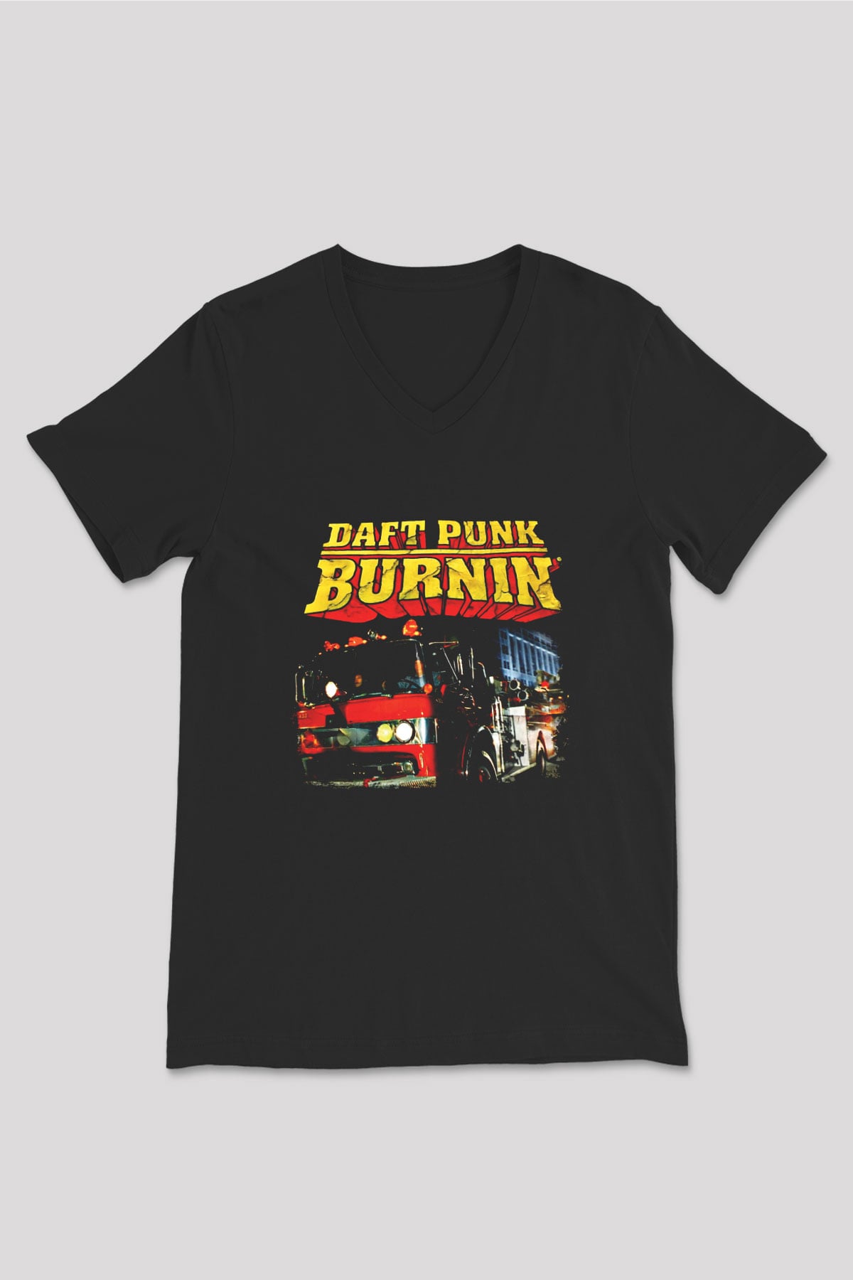 Daft Punk Baskılı Unisex Siyah V Yaka Tişört