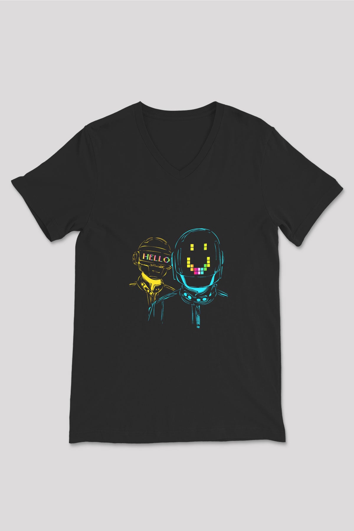 Daft Punk Baskılı Unisex Siyah V Yaka Tişört