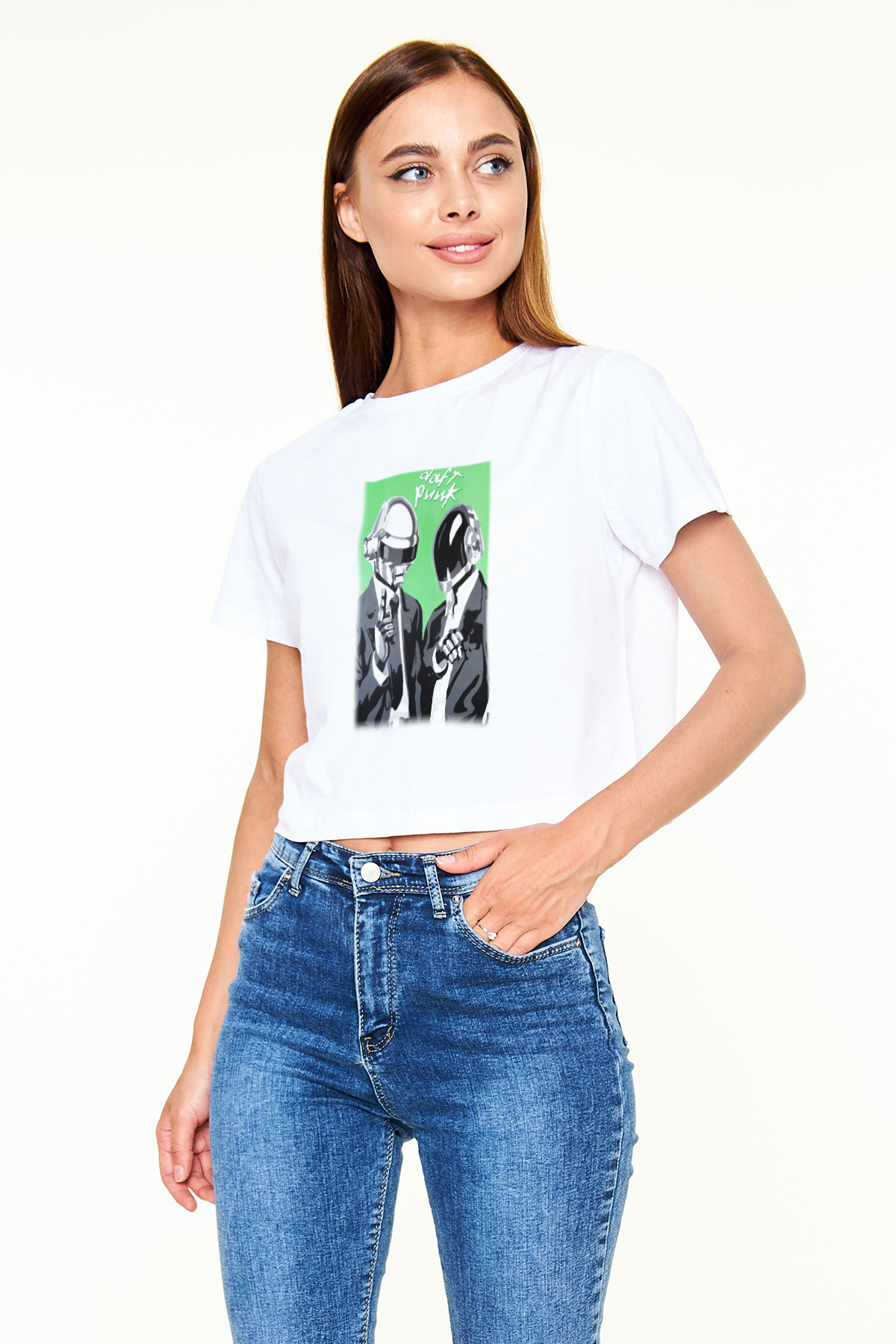 Daft Punk Beyaz Croptop Tişört
