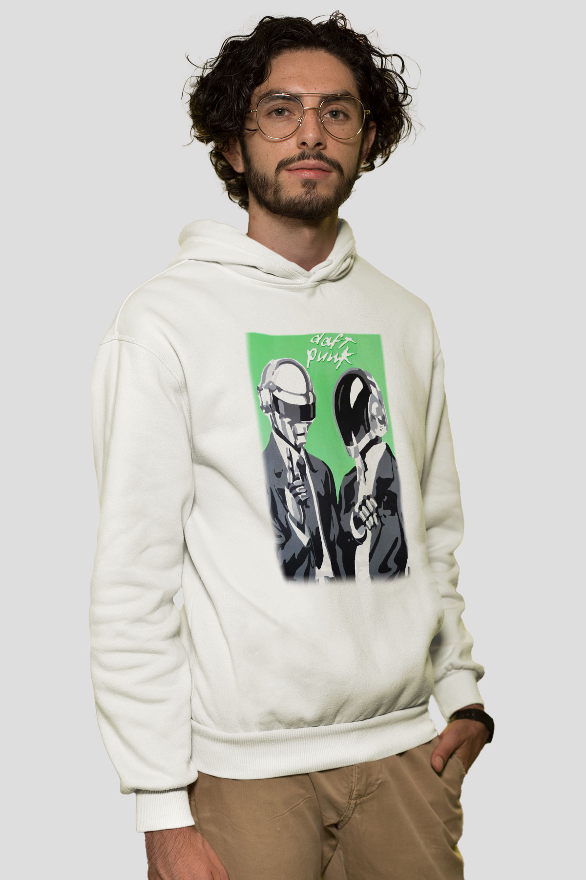 Daft Punk Beyaz Unisex Kapşonlu Sweatshirt