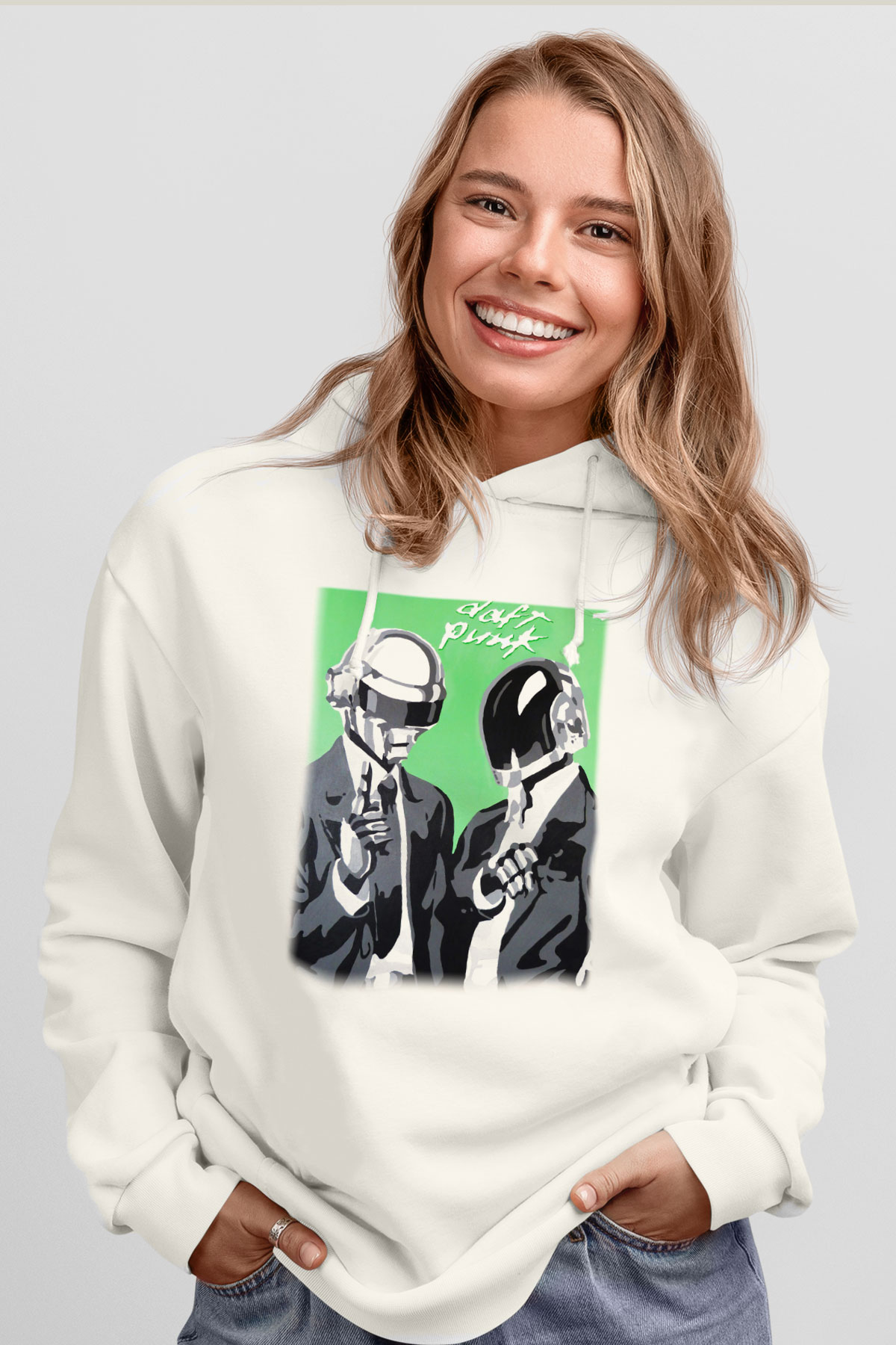 Daft Punk Beyaz Unisex Kapşonlu Sweatshirt