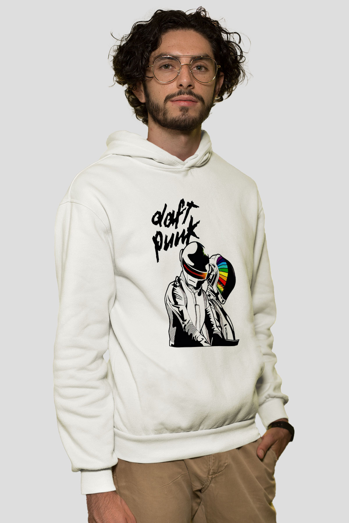 Daft Punk Beyaz Unisex Kapşonlu Sweatshirt