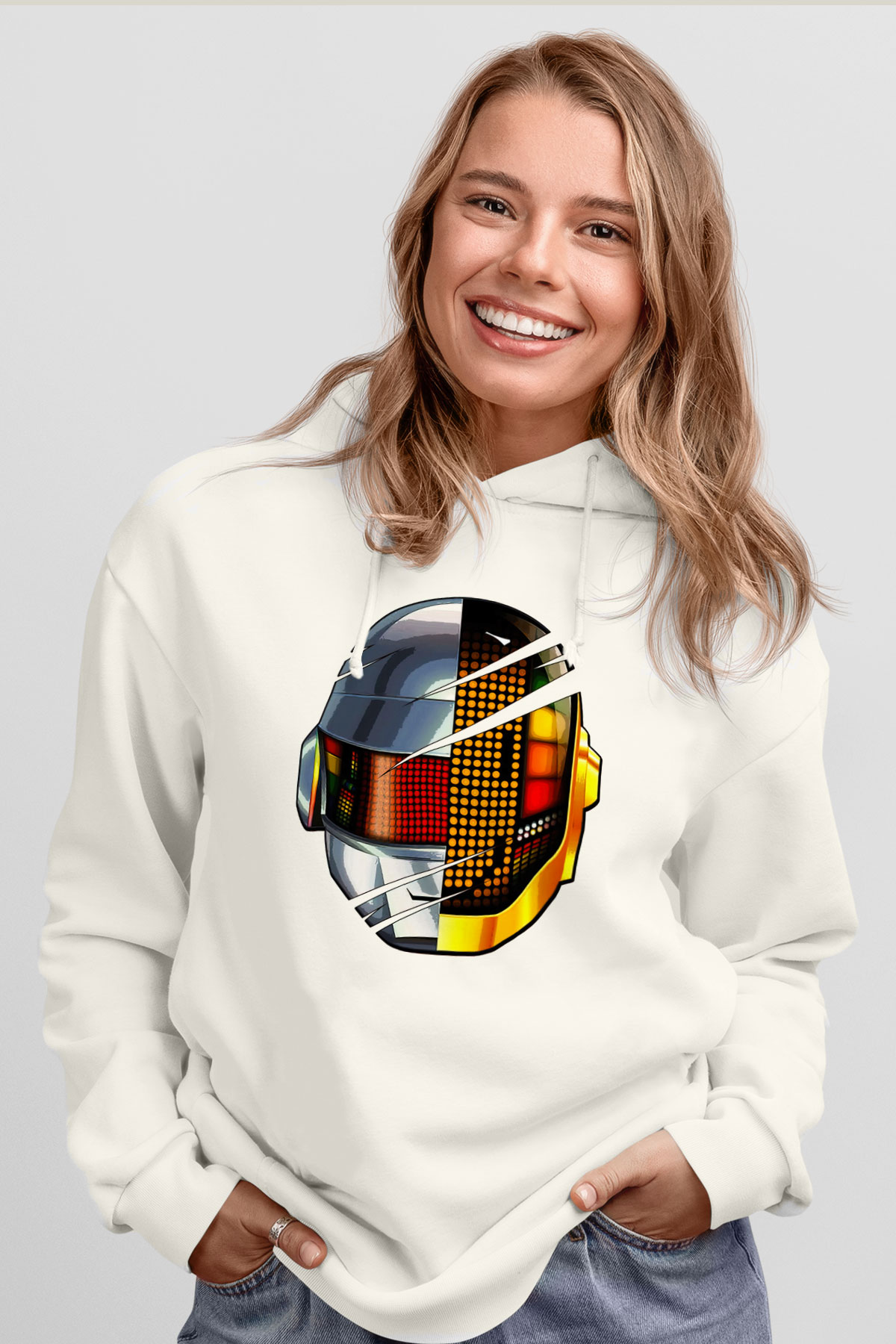 Daft Punk Beyaz Unisex Kapüşonlu Sweatshirt