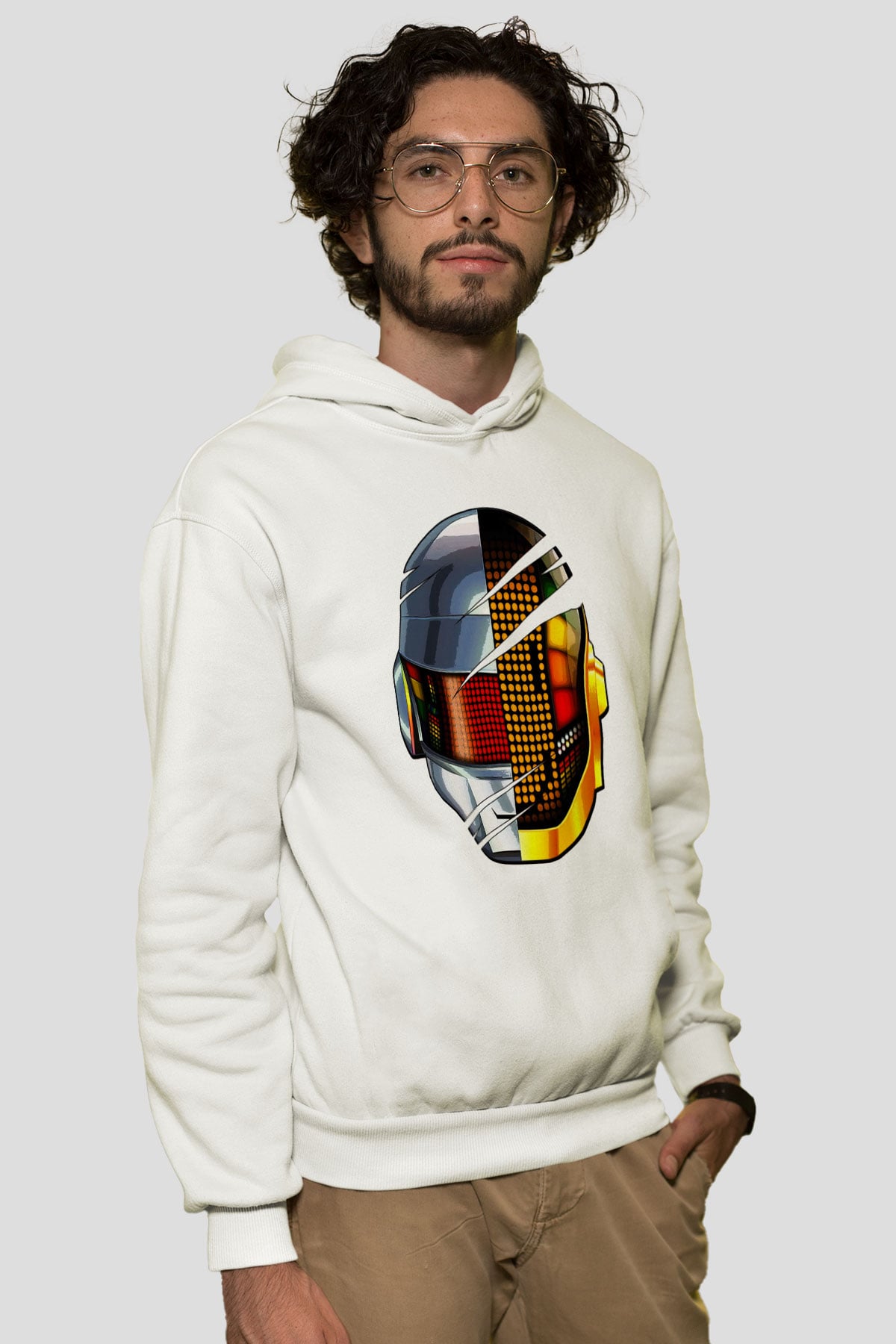 Daft Punk Beyaz Unisex Kapüşonlu Sweatshirt