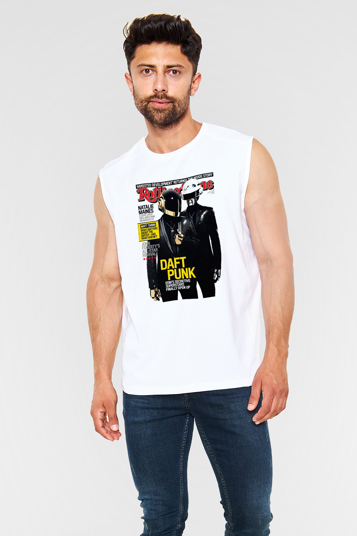 Daft Punk Beyaz Unisex Kolsuz Tişört