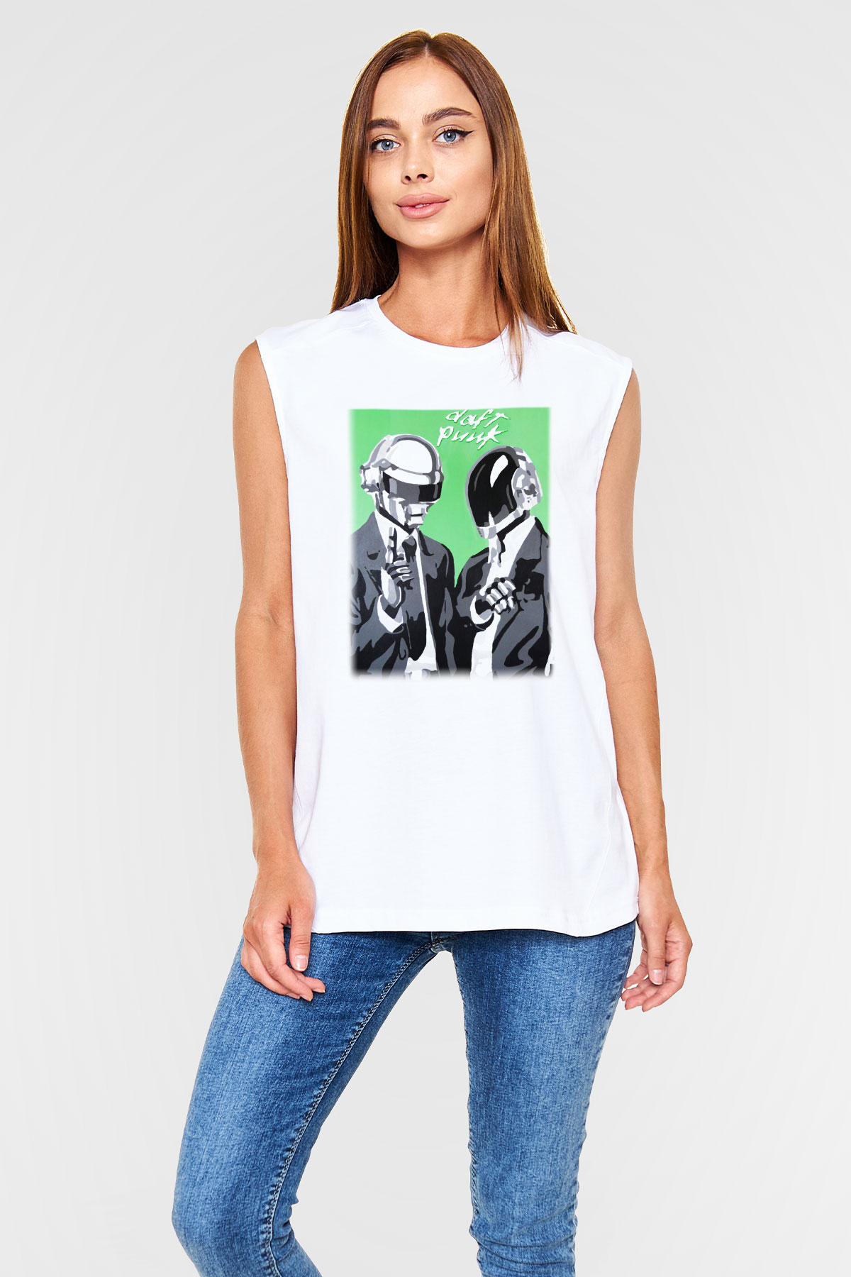 Daft Punk Beyaz Unisex Kolsuz Tişört