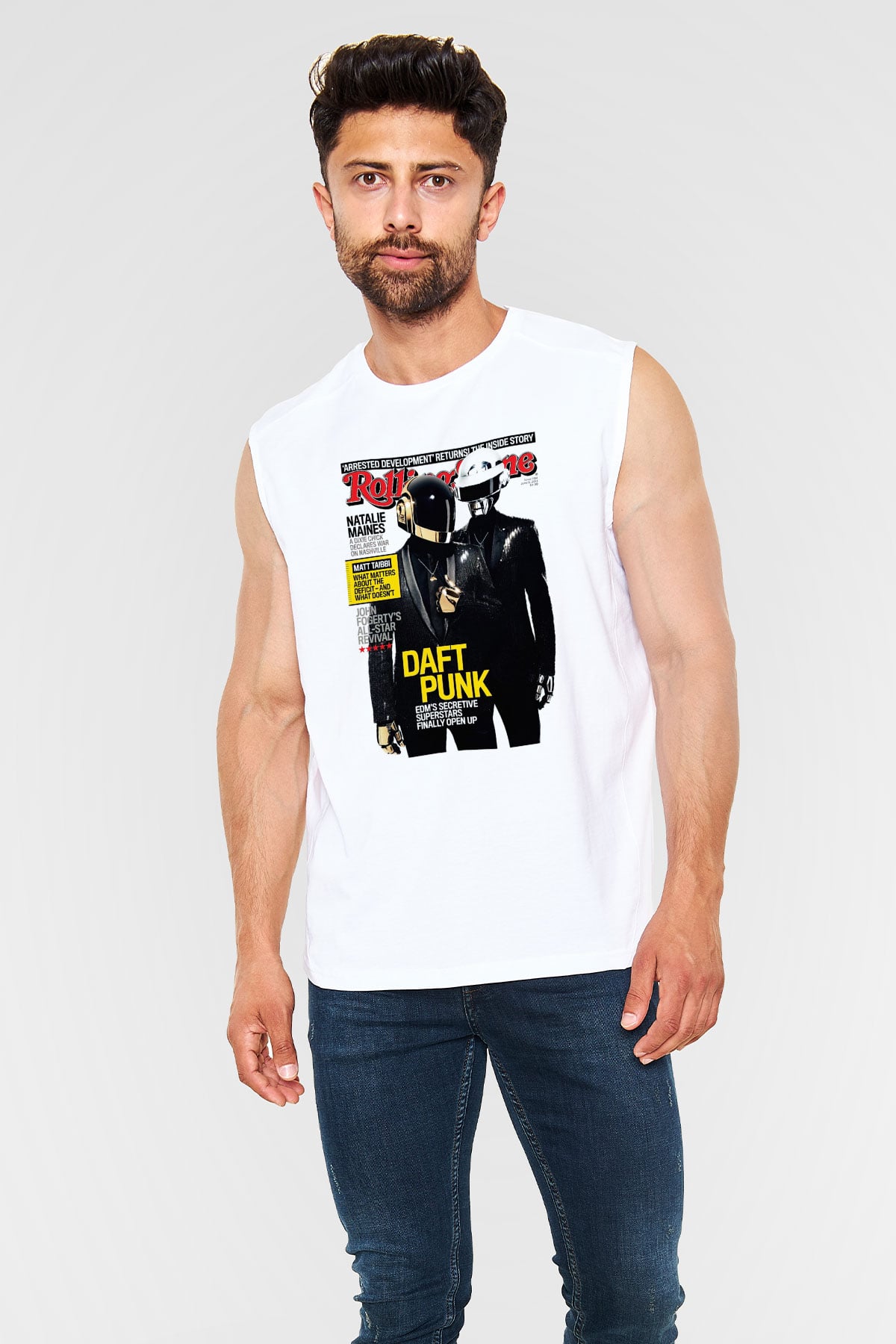 Daft Punk Beyaz Unisex Kolsuz Tişört
