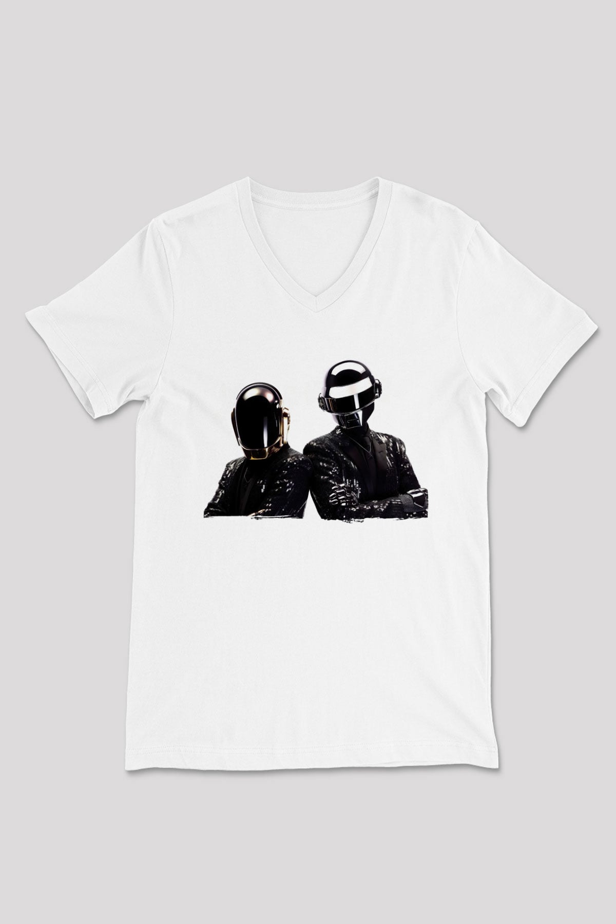 Daft Punk Beyaz Unisex V Yaka Tişört