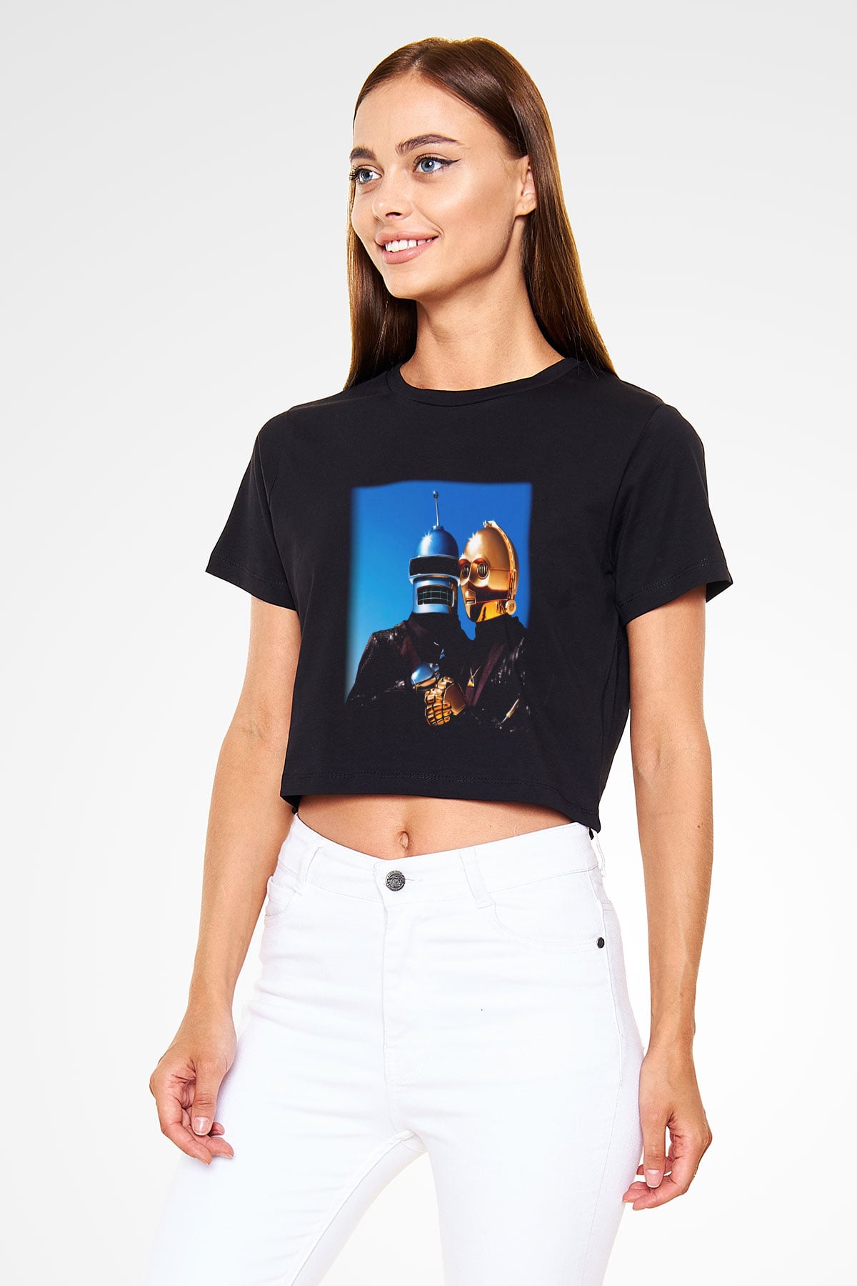 Daft Punk Siyah Crop Top Tişört