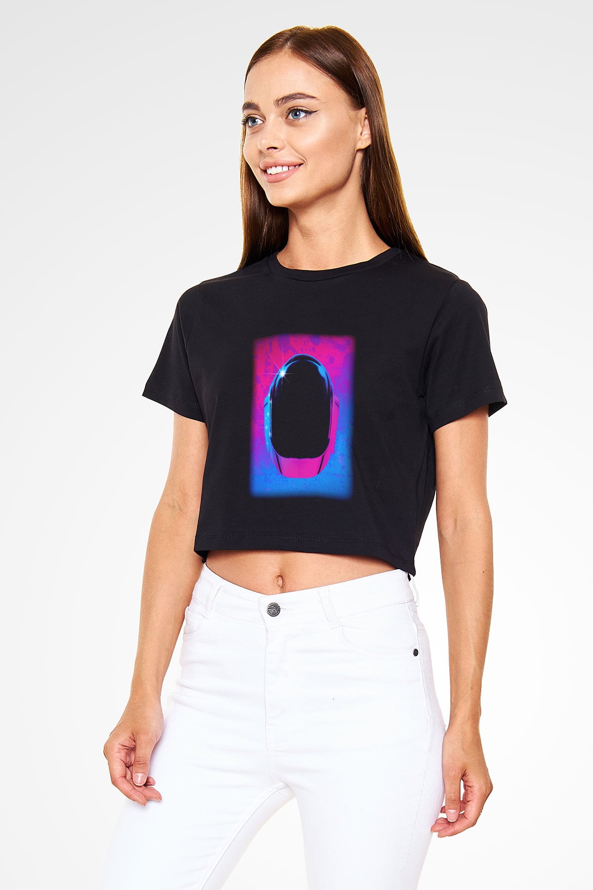 Daft Punk Siyah Crop Top Tişört