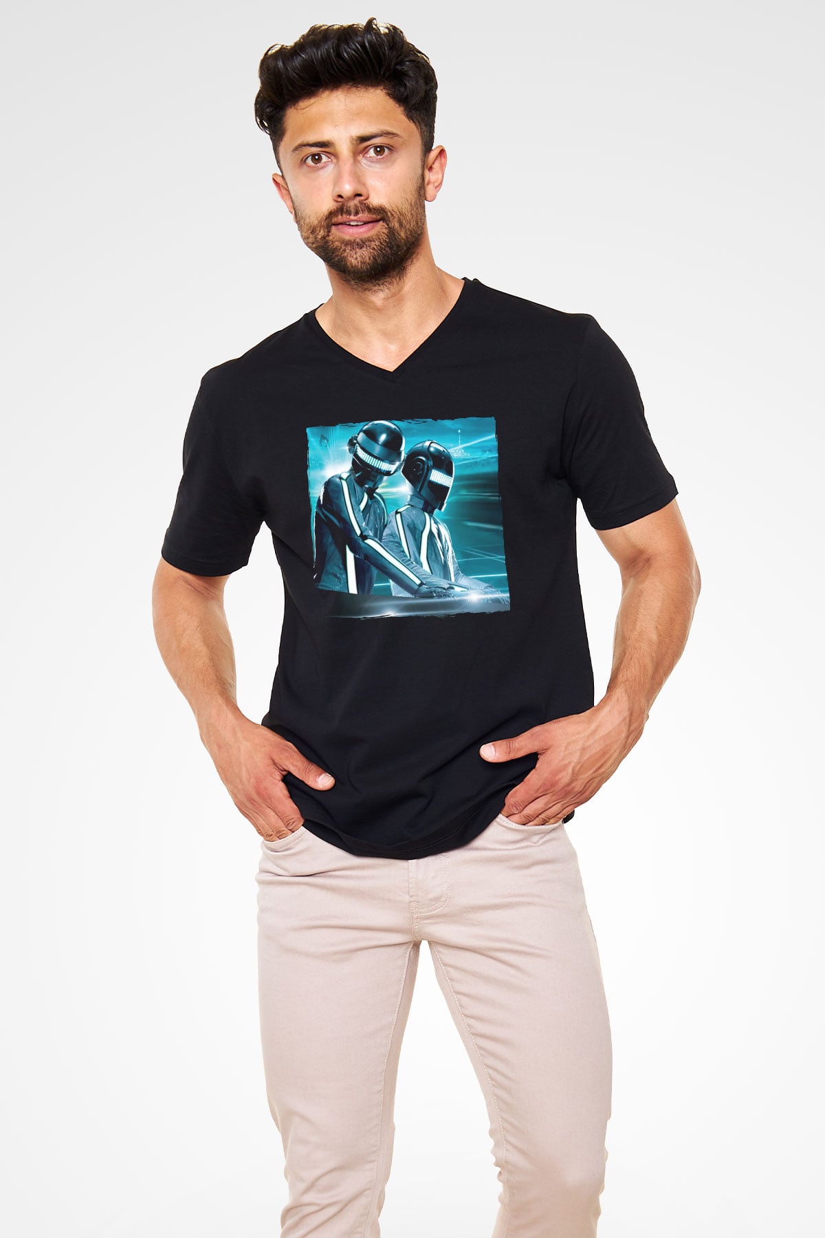 Daft Punk Siyah Unisex V Yaka Tişört