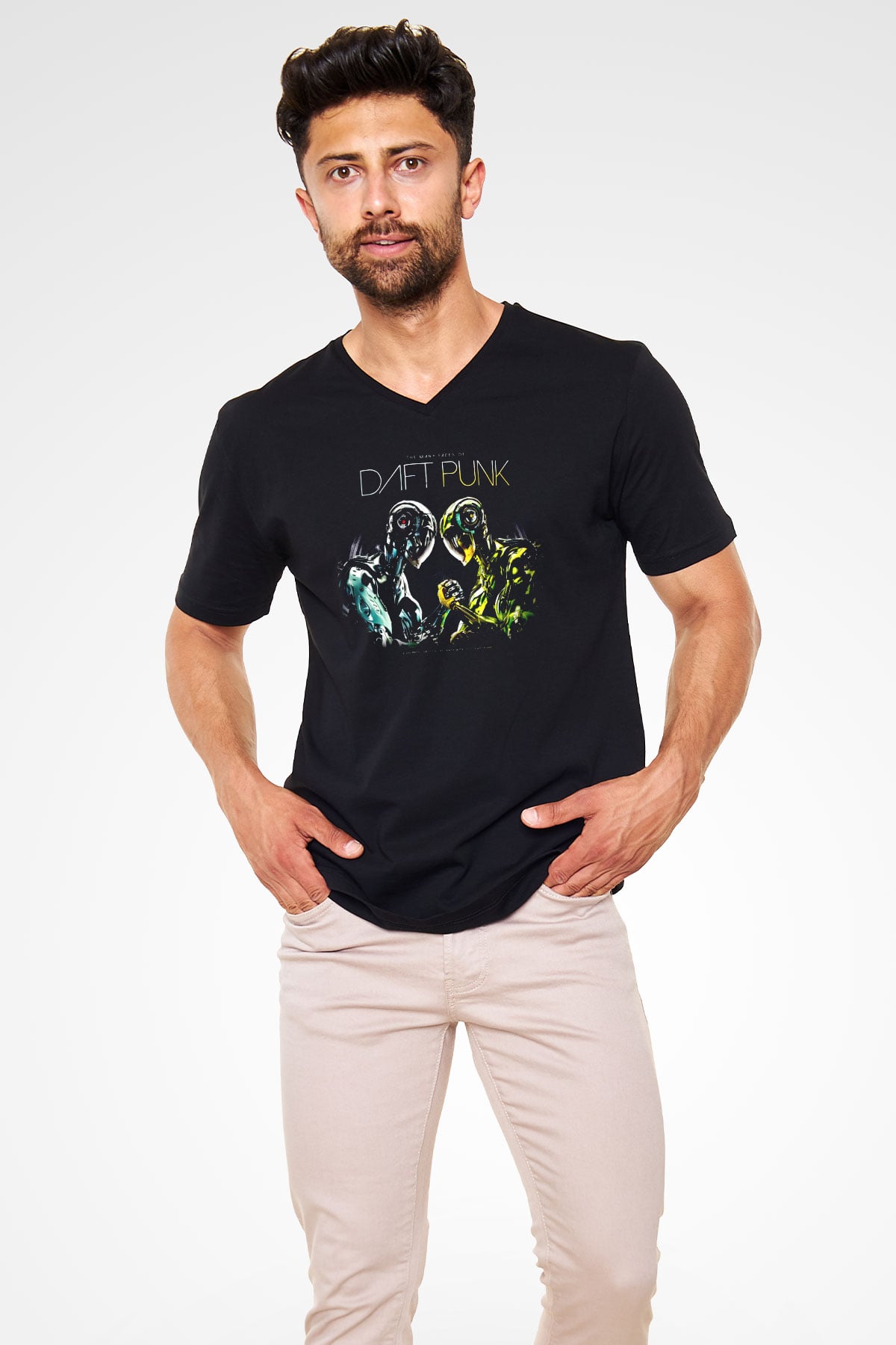 Daft Punk Siyah Unisex V Yaka Tişört