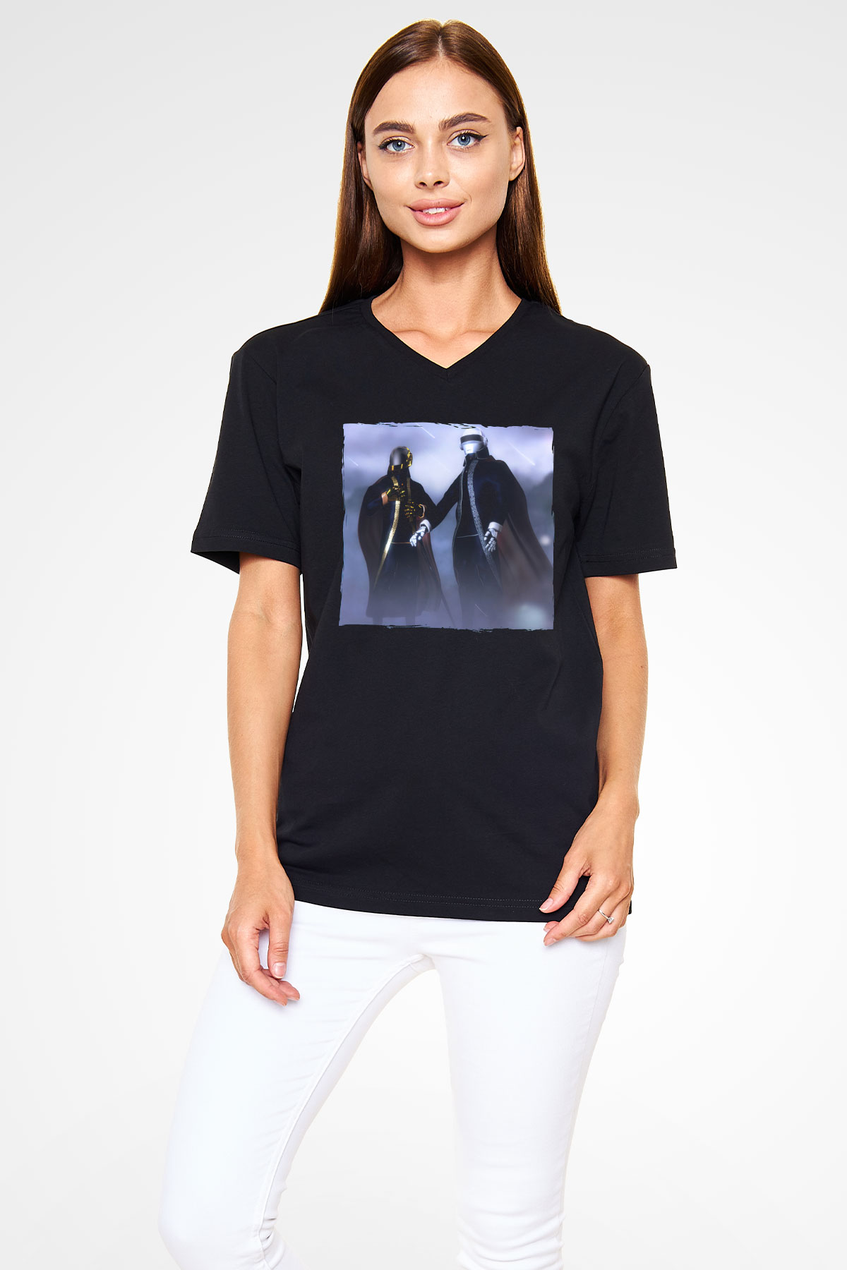 Daft Punk Siyah Unisex V Yaka Tişört