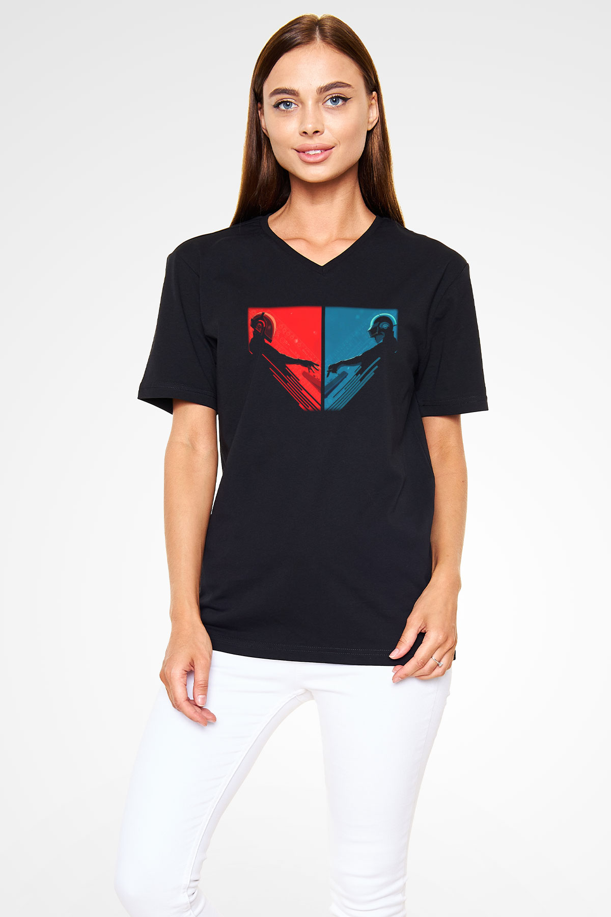 Daft Punk Siyah Unisex V Yaka Tişört T-Shirt