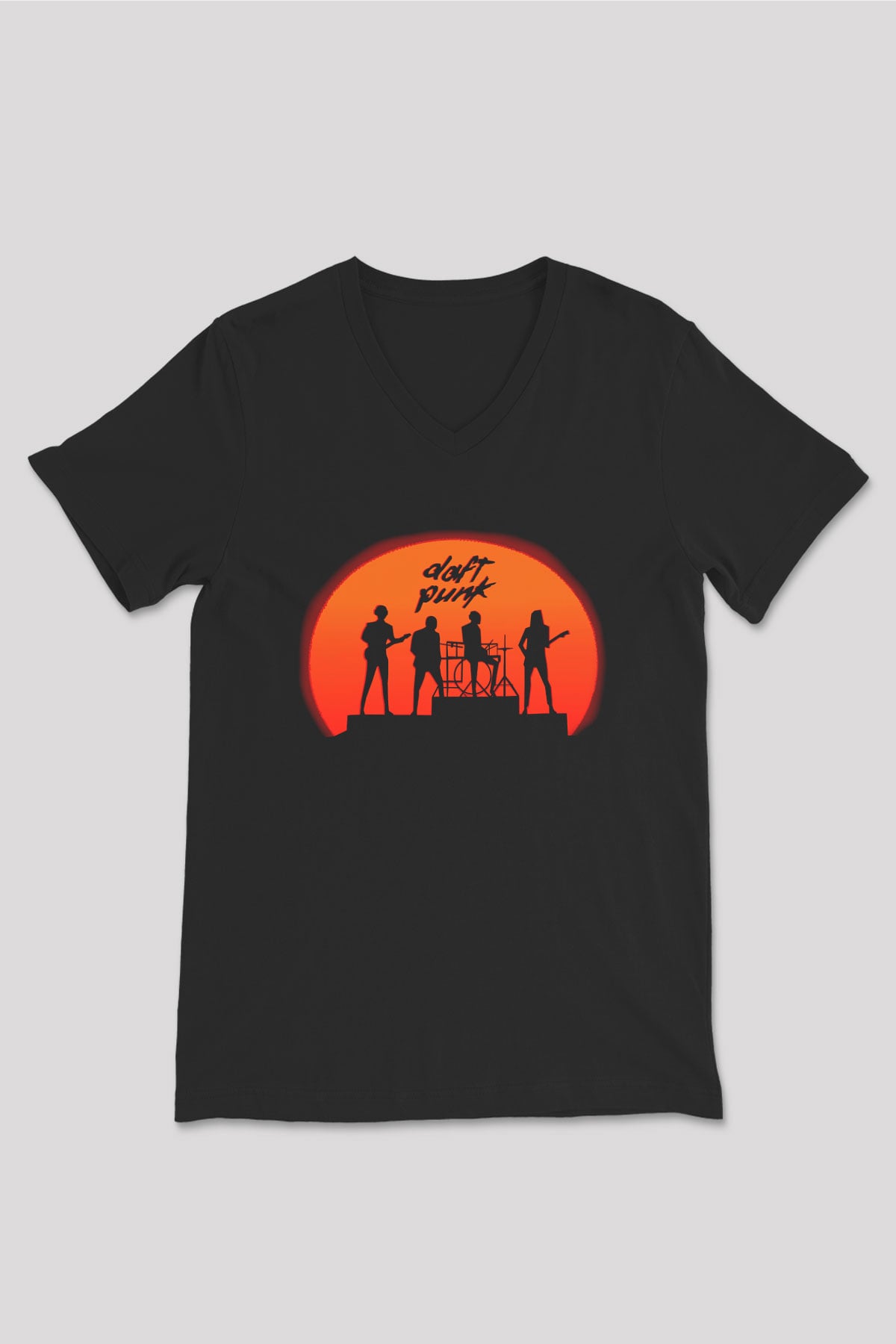 Daft Punk Siyah Unisex V Yaka Tişört T-Shirt