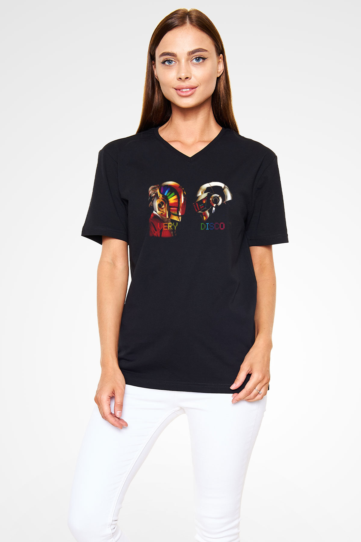 Daft Punk Siyah Unisex V Yaka Tişört T-Shirt