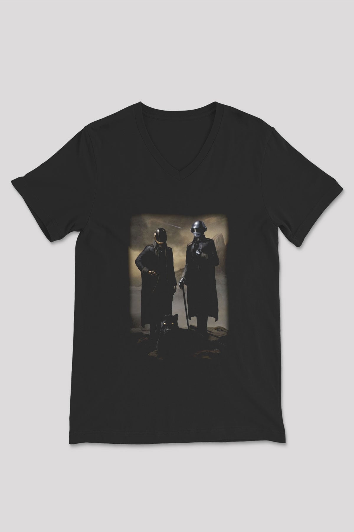 Daft Punk Siyah Unisex V Yaka Tişört T-Shirt