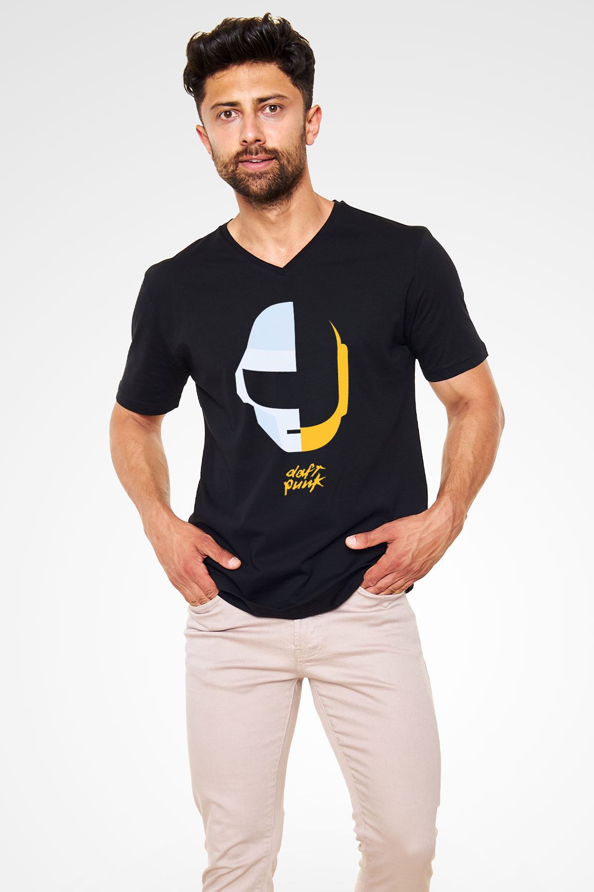 Daft Punk Siyah Unisex V Yaka Tişört T-Shirt