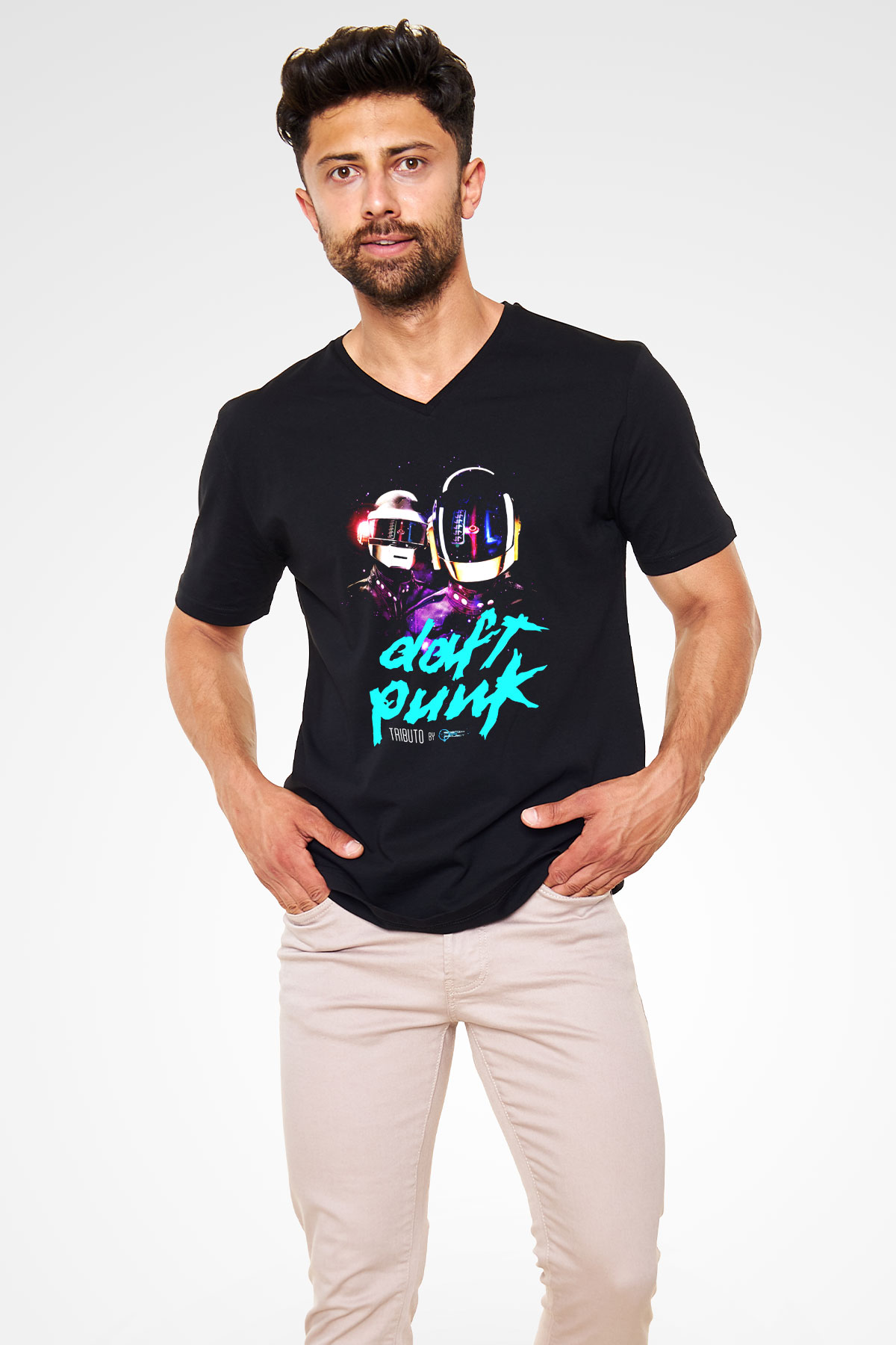 Daft Punk Siyah Unisex V Yaka Tişört T-Shirt