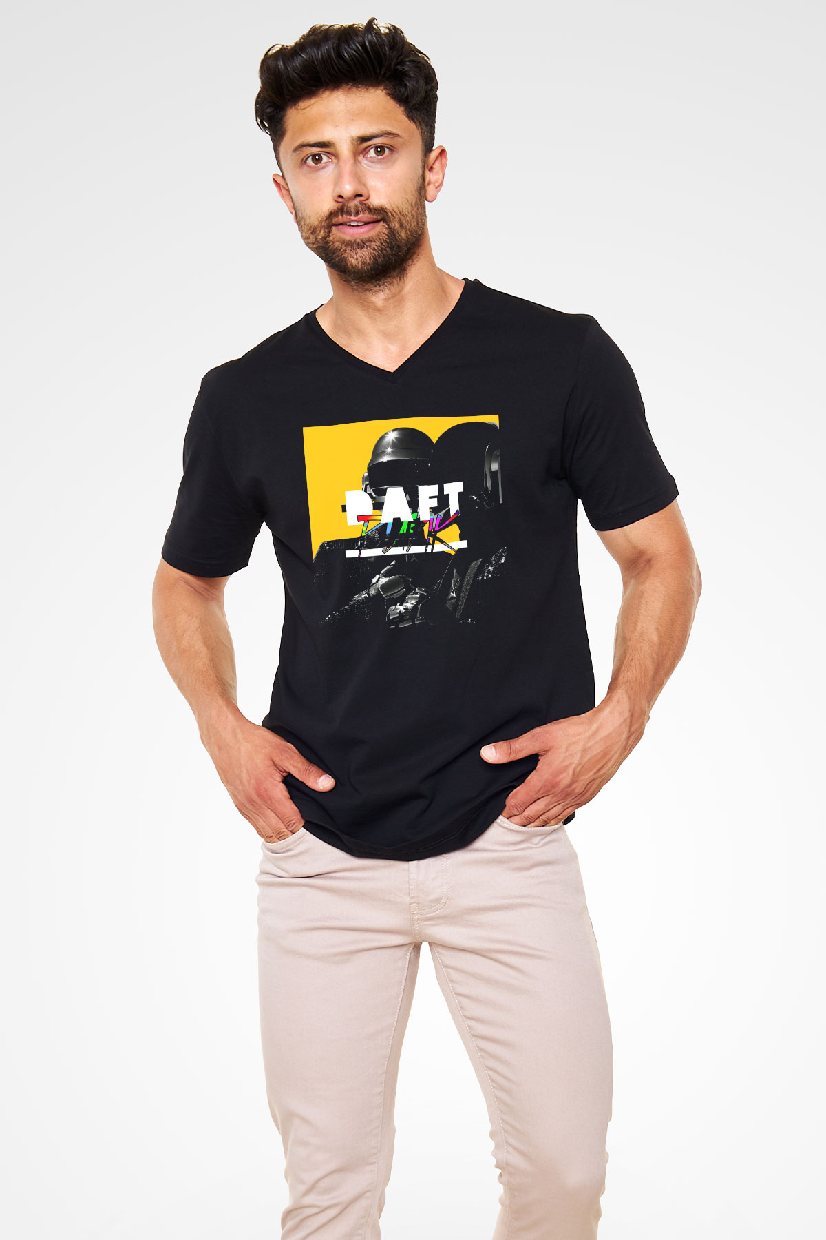 Daft Punk Siyah Unisex V Yaka Tişört T-Shirt