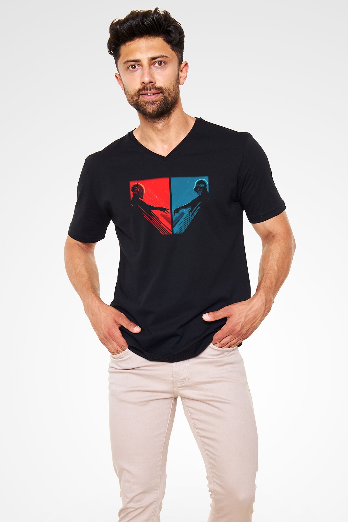 Daft Punk Siyah Unisex V Yaka Tişört T-Shirt