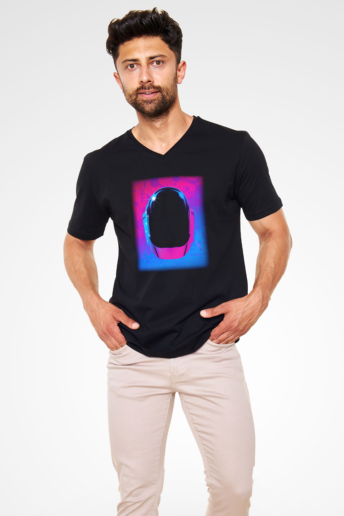 Daft Punk Siyah Unisex V Yaka Tişört T-Shirt