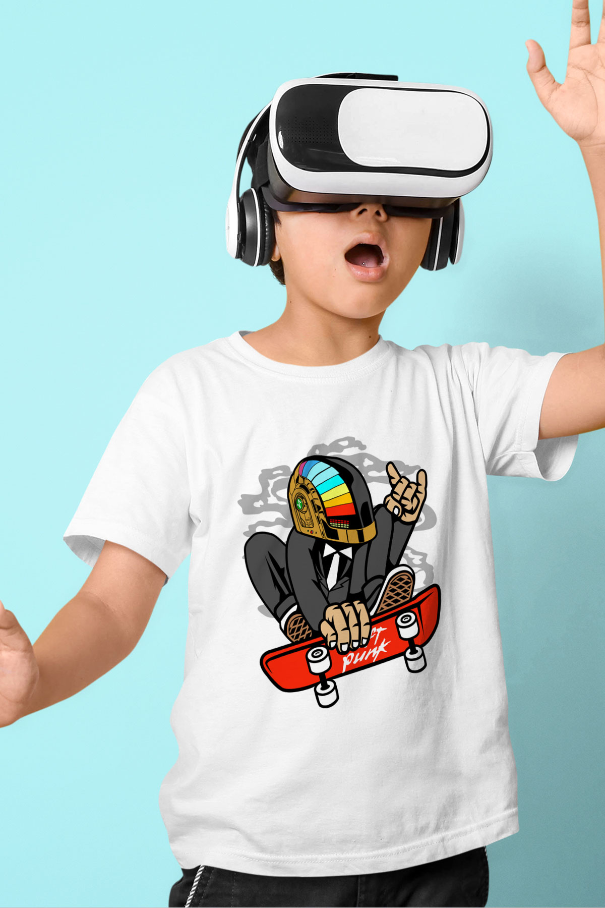 Daftpunk Skater Baskılı Unisex Beyaz Çocuk Tişört