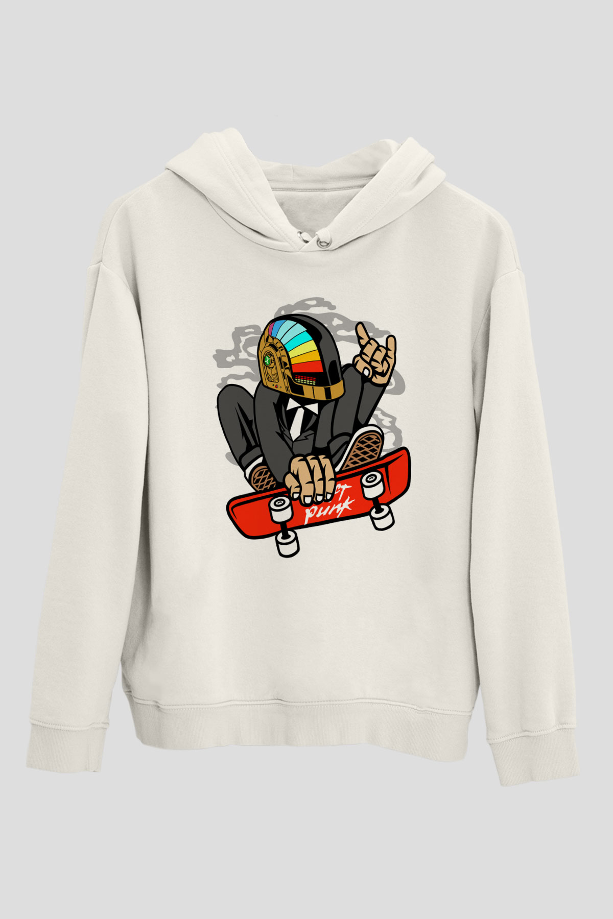 Daftpunk Skater Baskılı Unisex Beyaz Hoodie