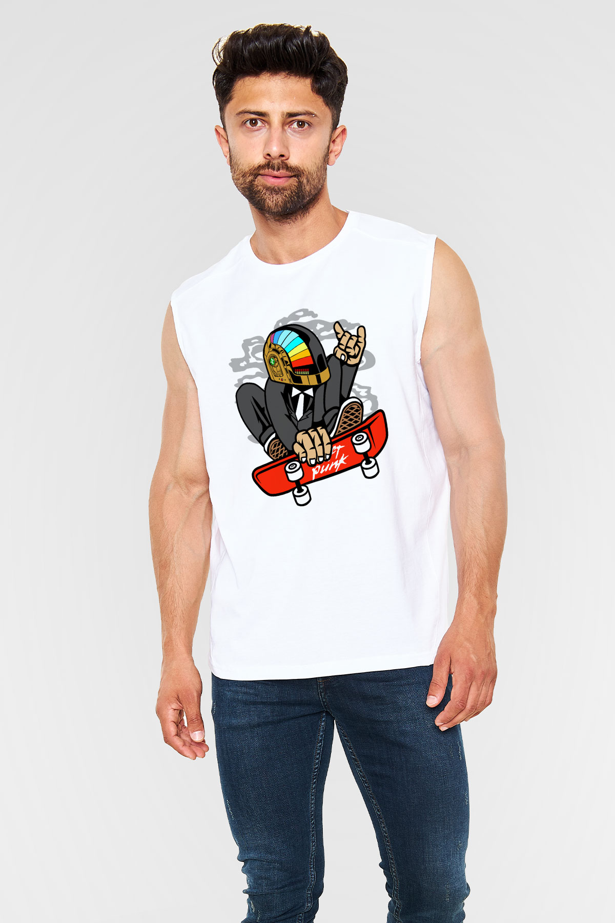 Daftpunk Skater Baskılı Unisex Beyaz Kolsuz Tişört