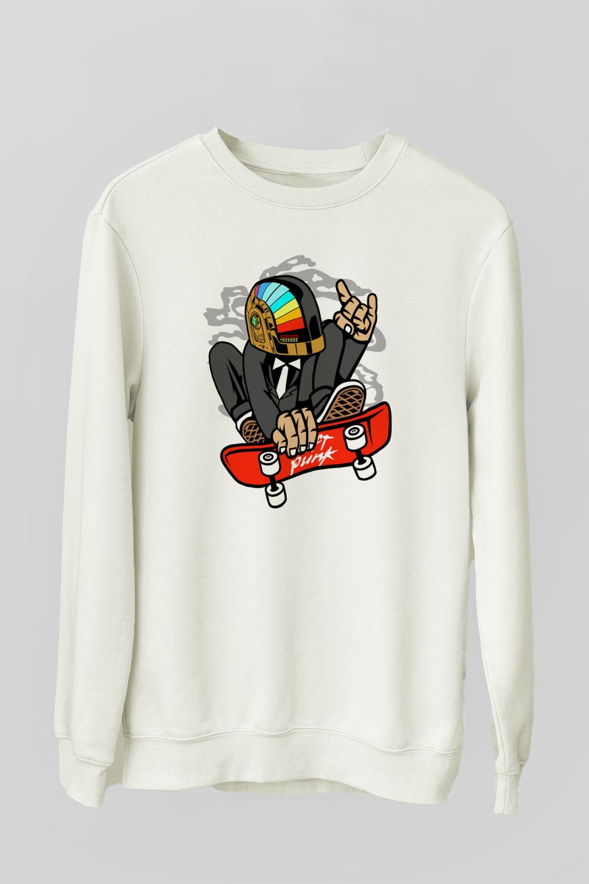 Daftpunk Skater Baskılı Unisex Beyaz Sweatshirt
