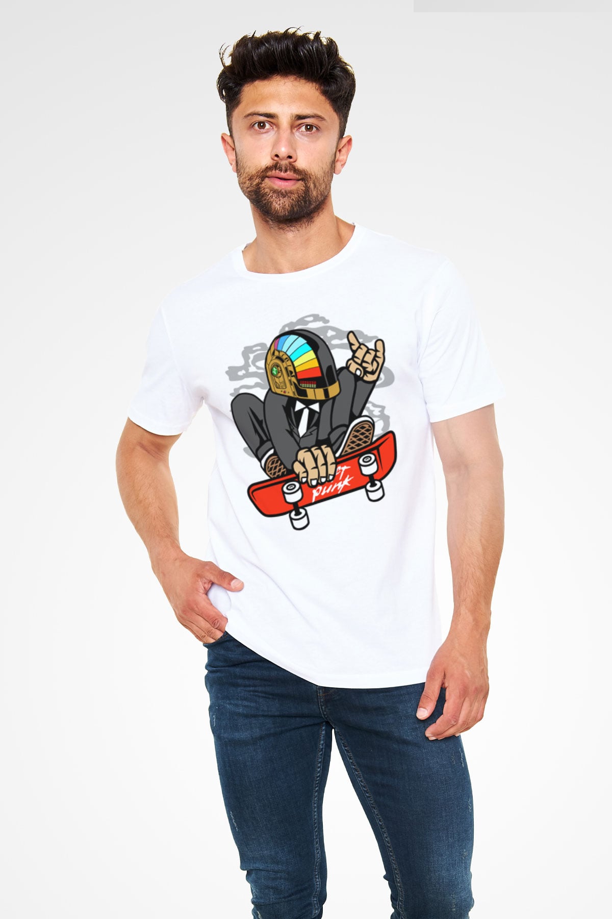 Daftpunk Skater Baskılı Unisex Beyaz Tişört