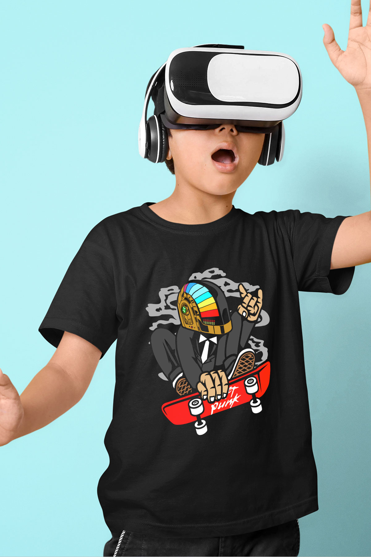 Daftpunk Skater Baskılı Unisex Siyah Çocuk Tişört