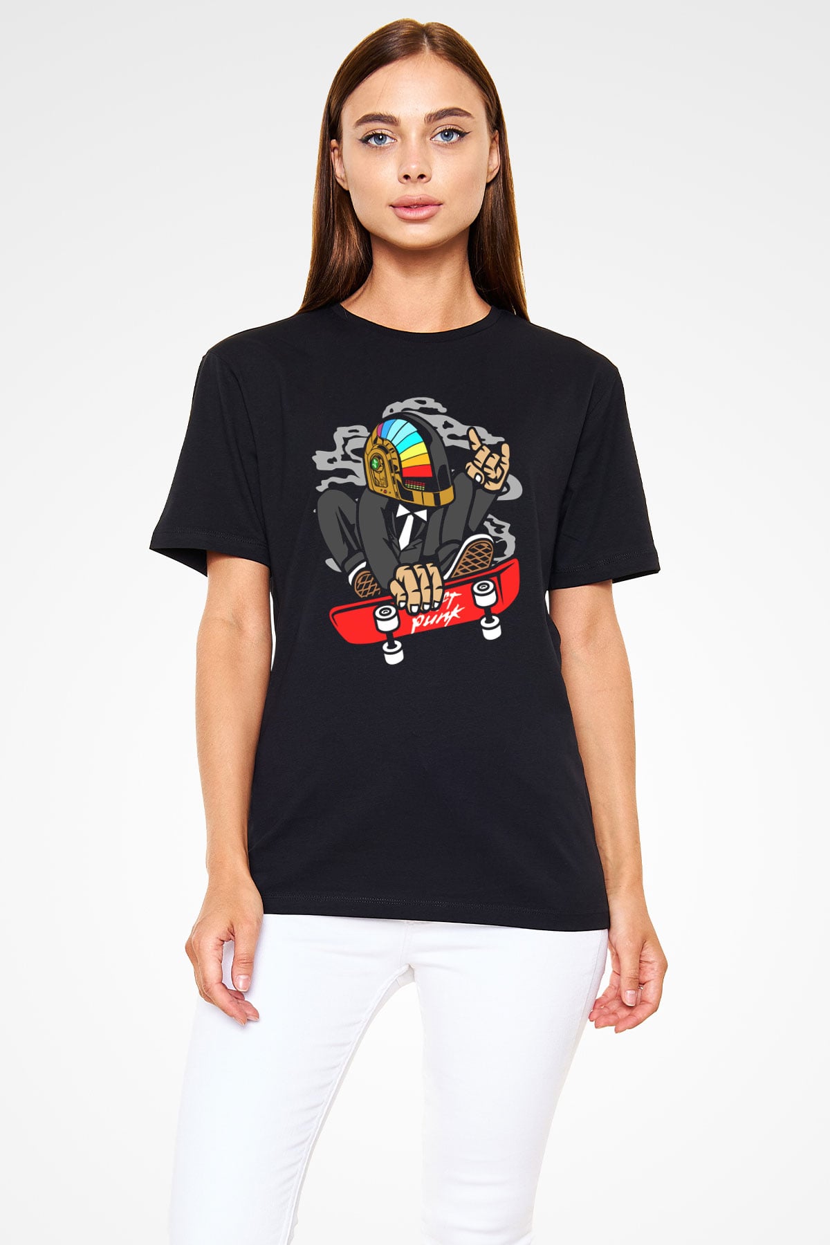 Daftpunk Skater Baskılı Unisex Siyah Tişört