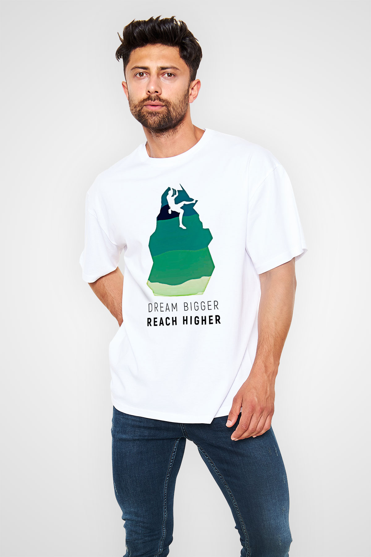 Dağcılık Baskılı Unisex Beyaz Oversize Tişört - Tshirt